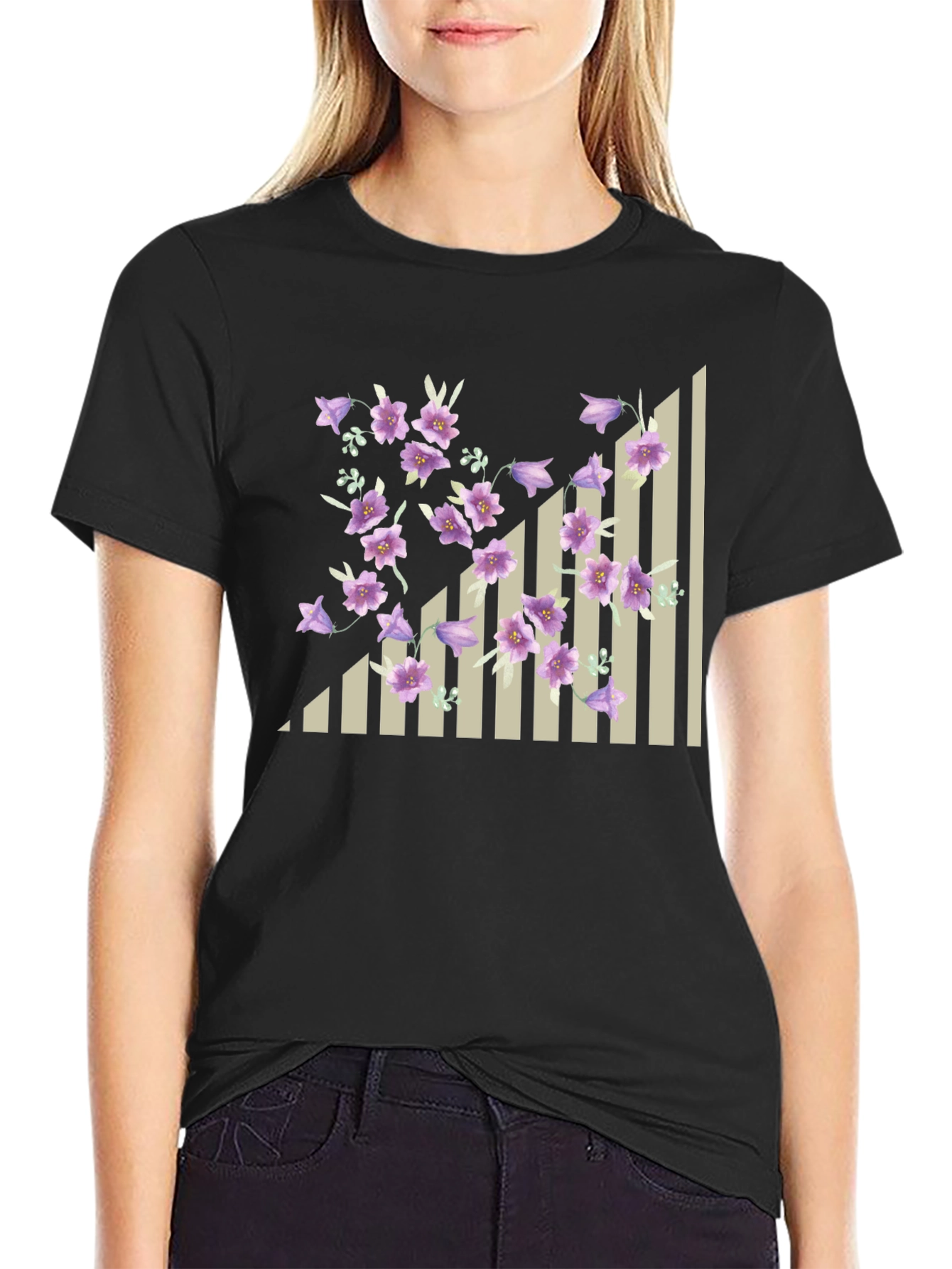 Floral & Stripes Black T-Shirt