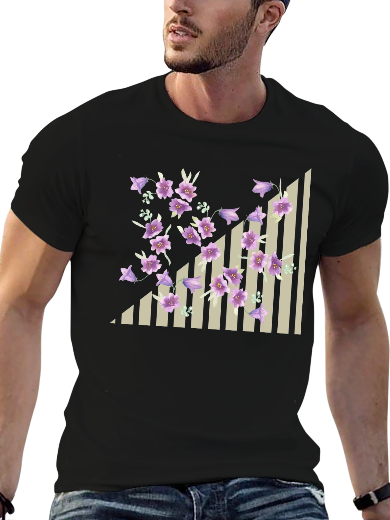 Floral & Stripes Black T-Shirt