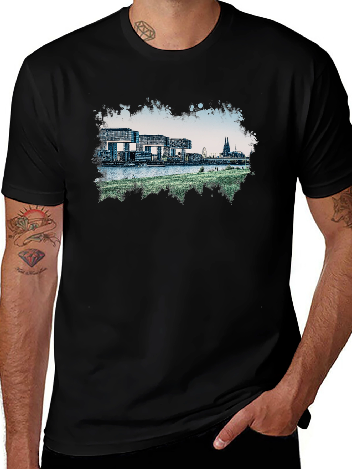 Cologne Germany Skyline Graphic Tee - Black Cotton Blend