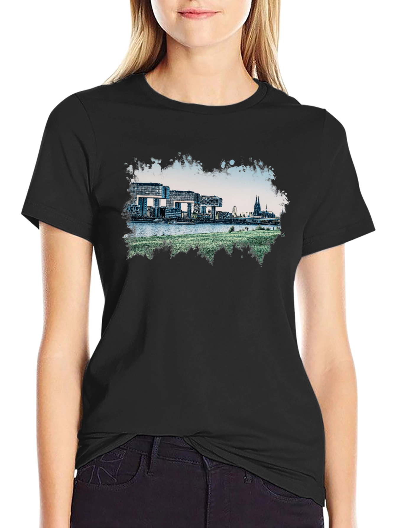 Cologne Germany Skyline Graphic Tee - Black Cotton Blend