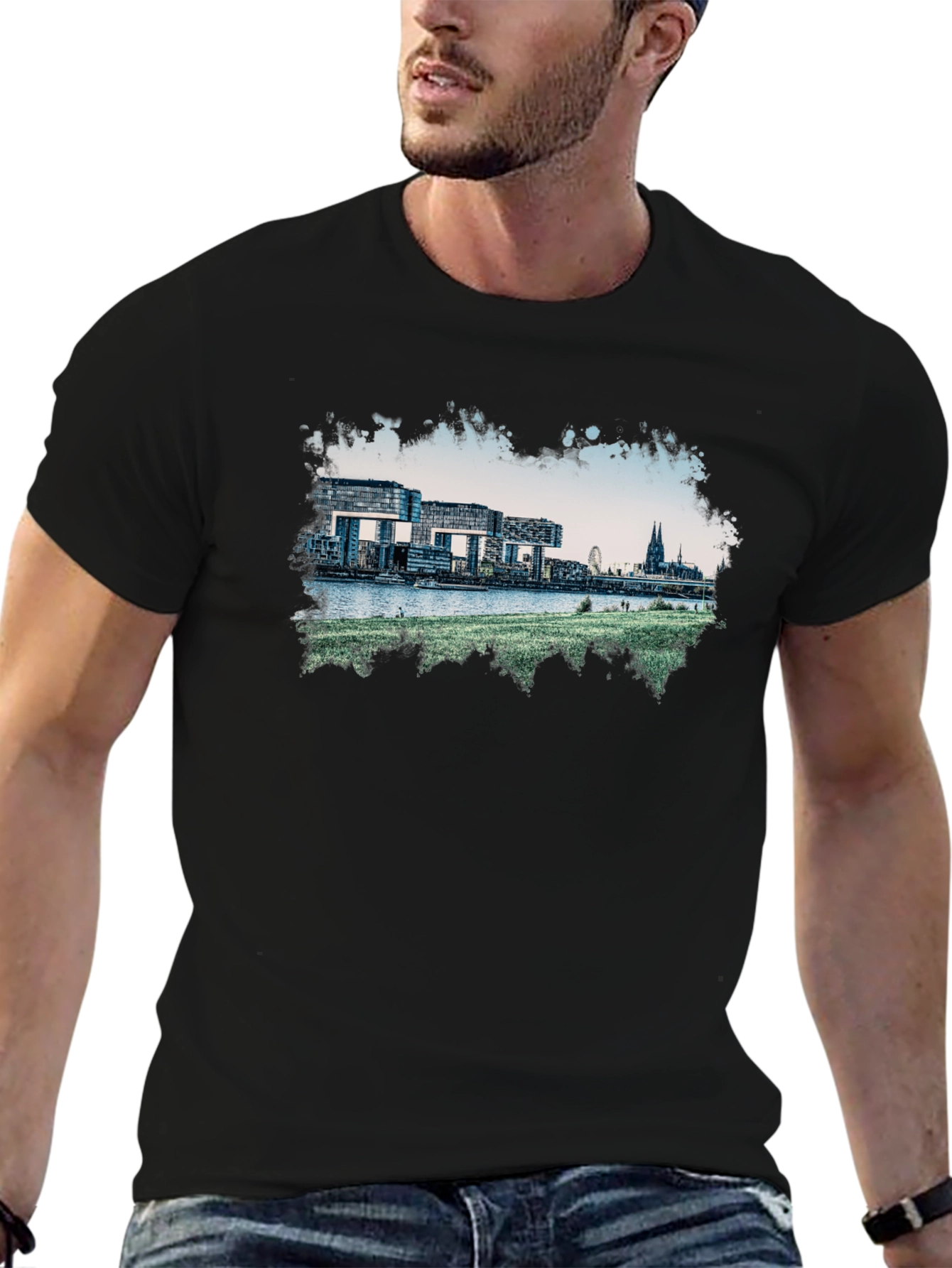 Cologne Germany Skyline Graphic Tee - Black Cotton Blend