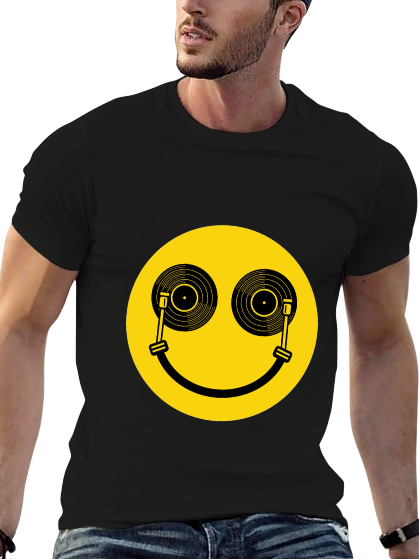 Smiley Face DJ Turntable Graphic Tee - Black