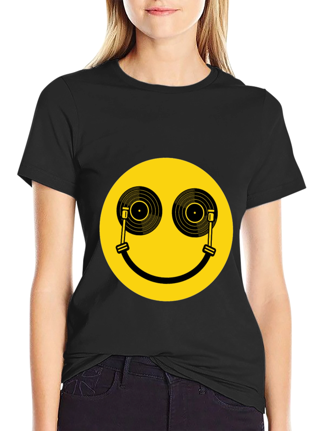 Smiley Face DJ Turntable Graphic Tee - Black