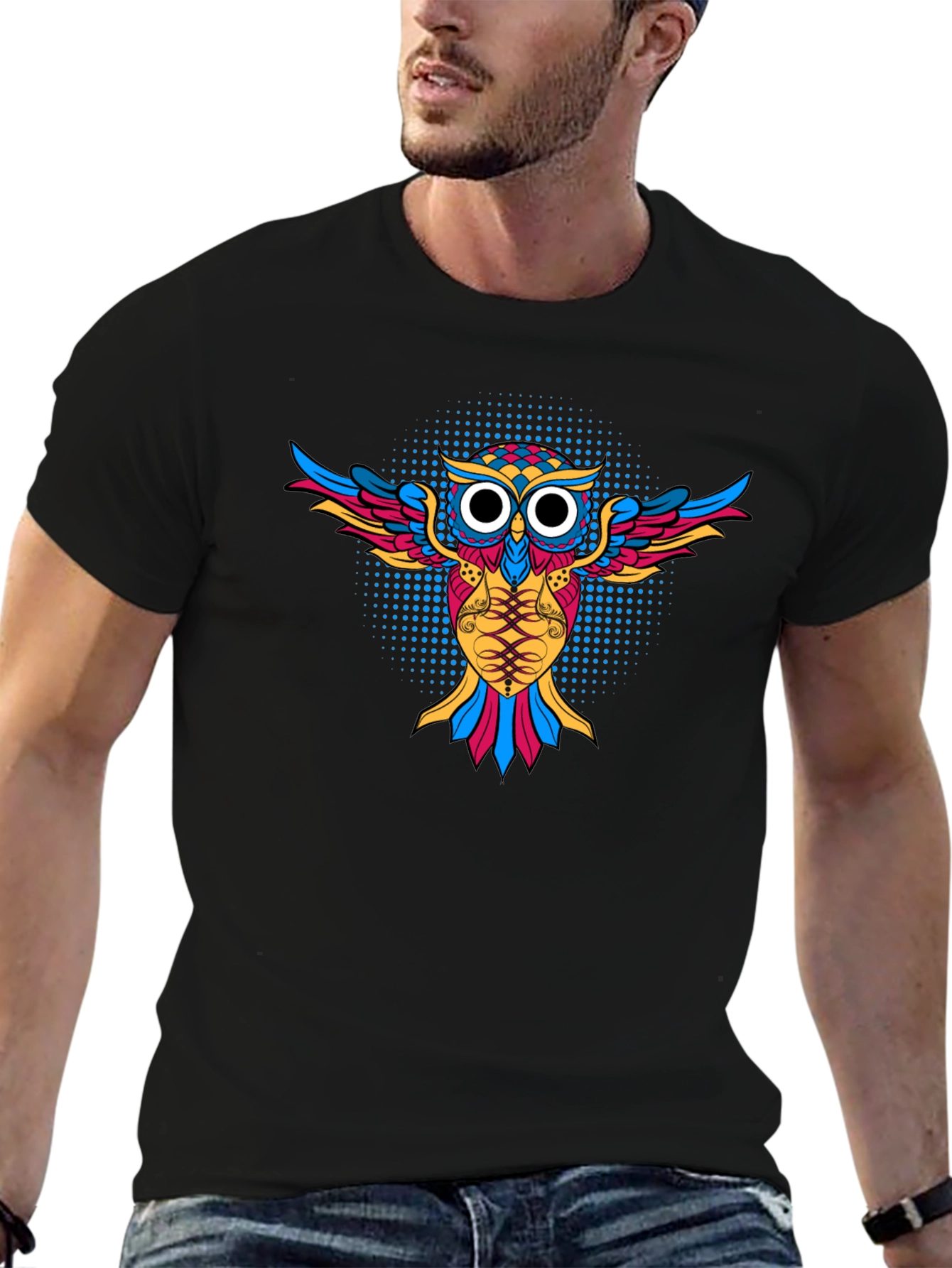 Vibrant Owl Graphic Tee - Mens Black T-Shirt
