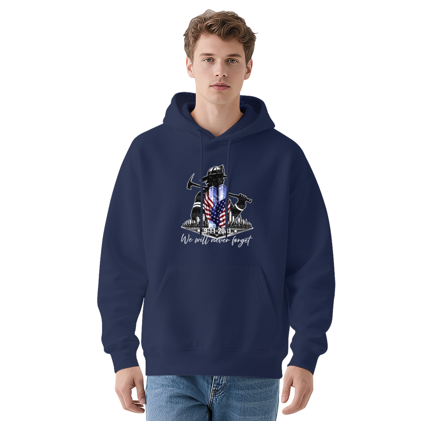 Firefighter Silhouette Axe & Flag 9/11 Memorial Hoodie