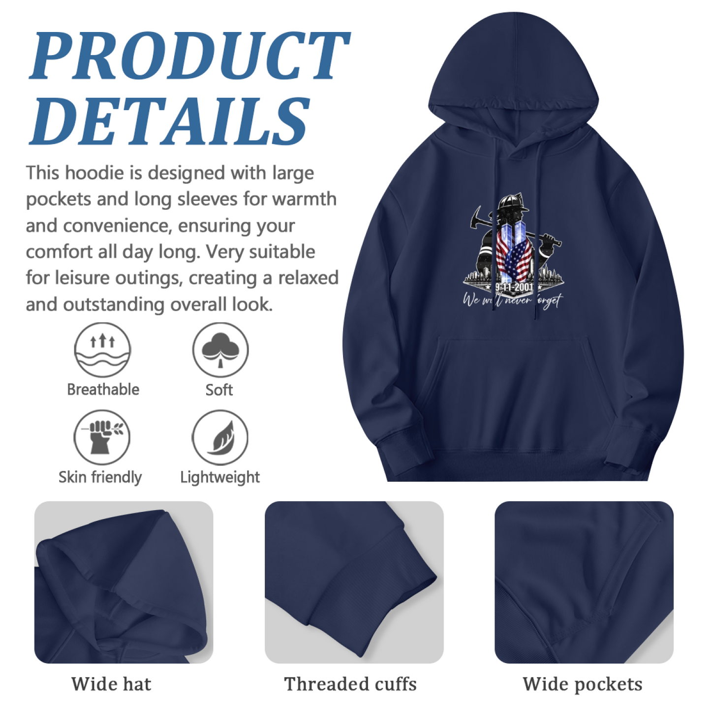 Firefighter Silhouette Axe & Flag 9/11 Memorial Hoodie