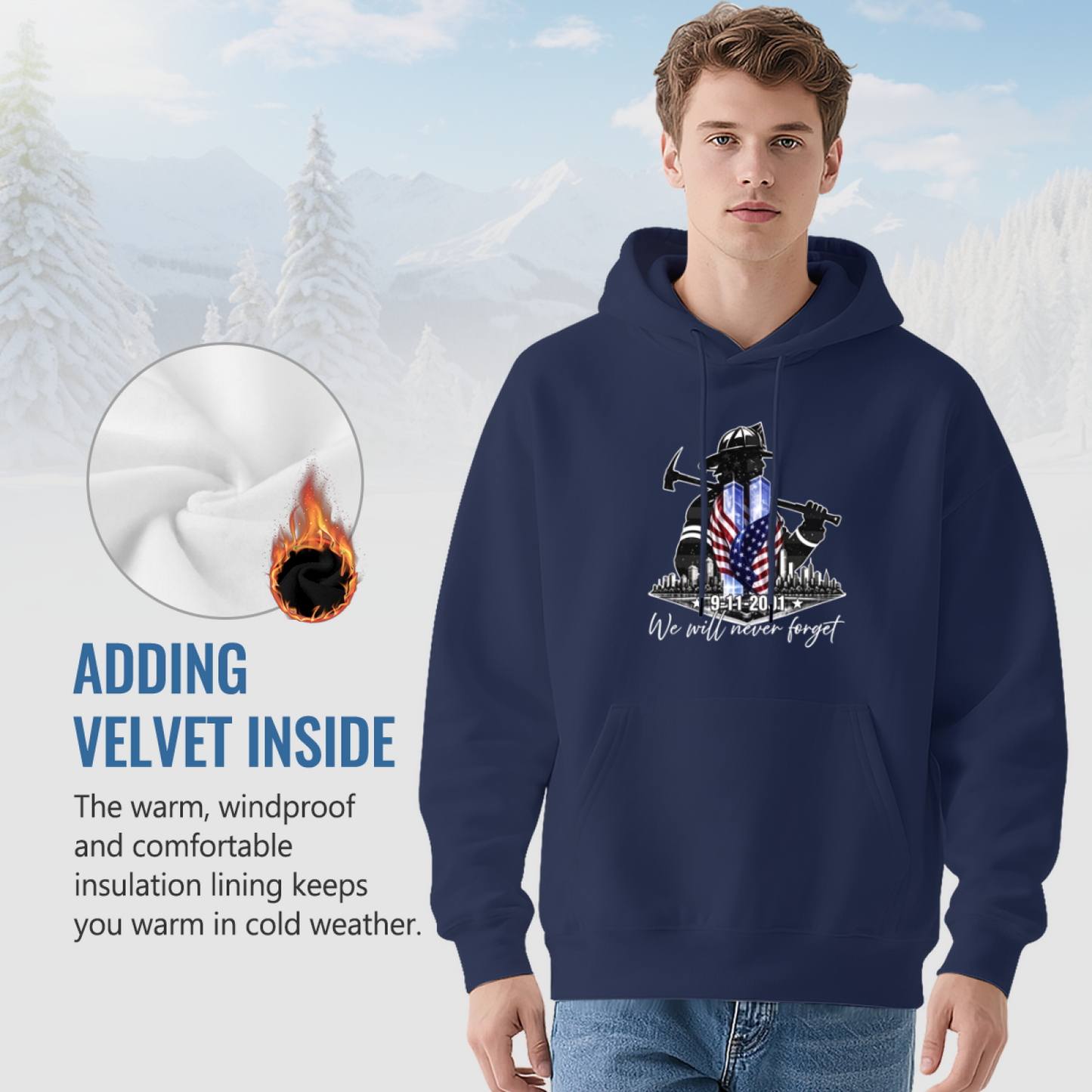 Firefighter Silhouette Axe & Flag 9/11 Memorial Hoodie