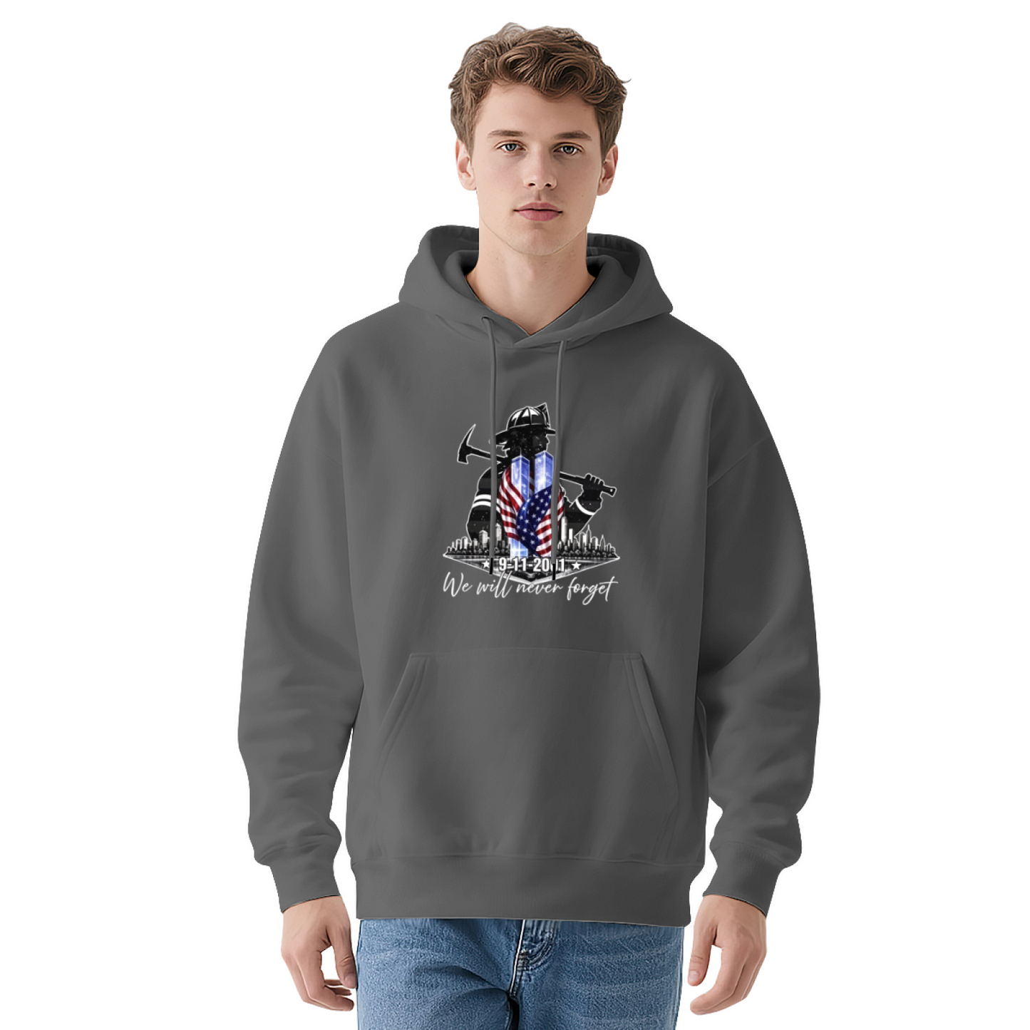 Firefighter Silhouette Axe & Flag 9/11 Memorial Hoodie