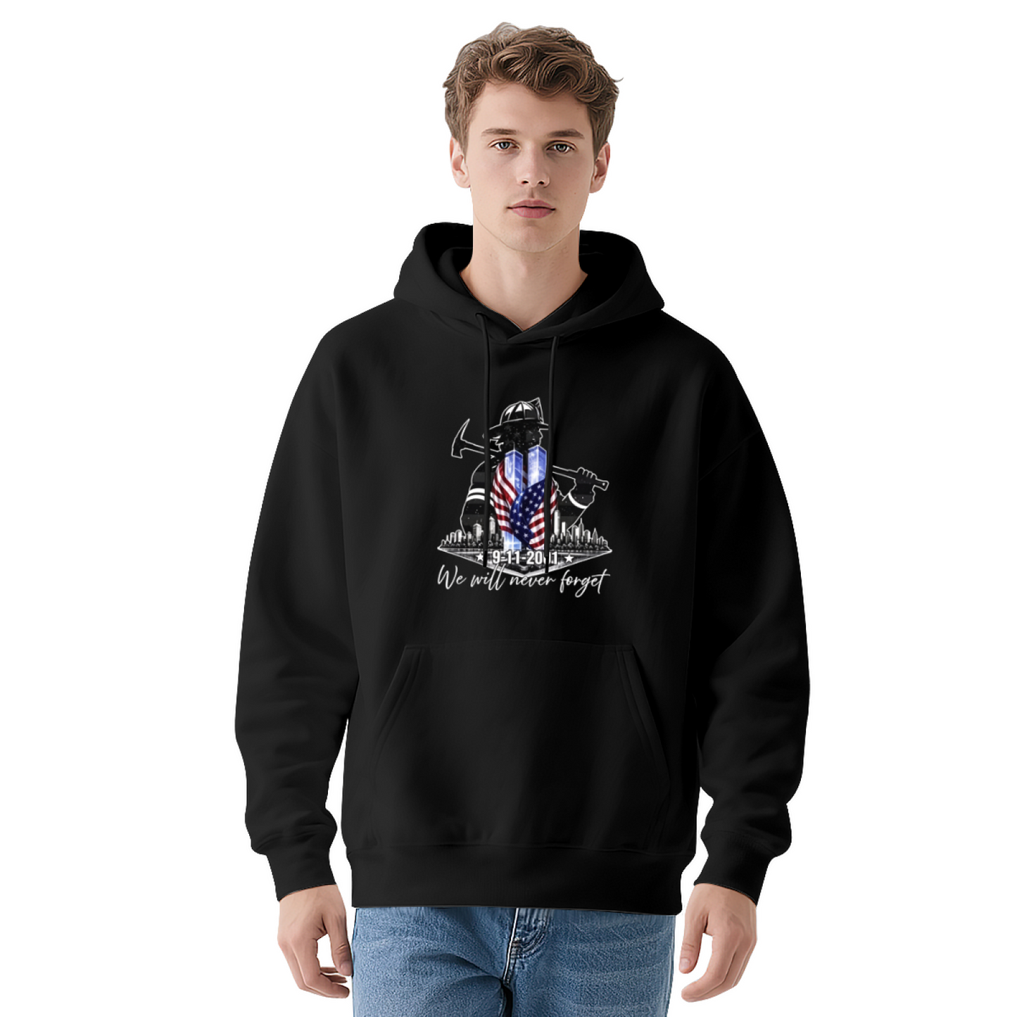 Firefighter Silhouette Axe & Flag 9/11 Memorial Hoodie