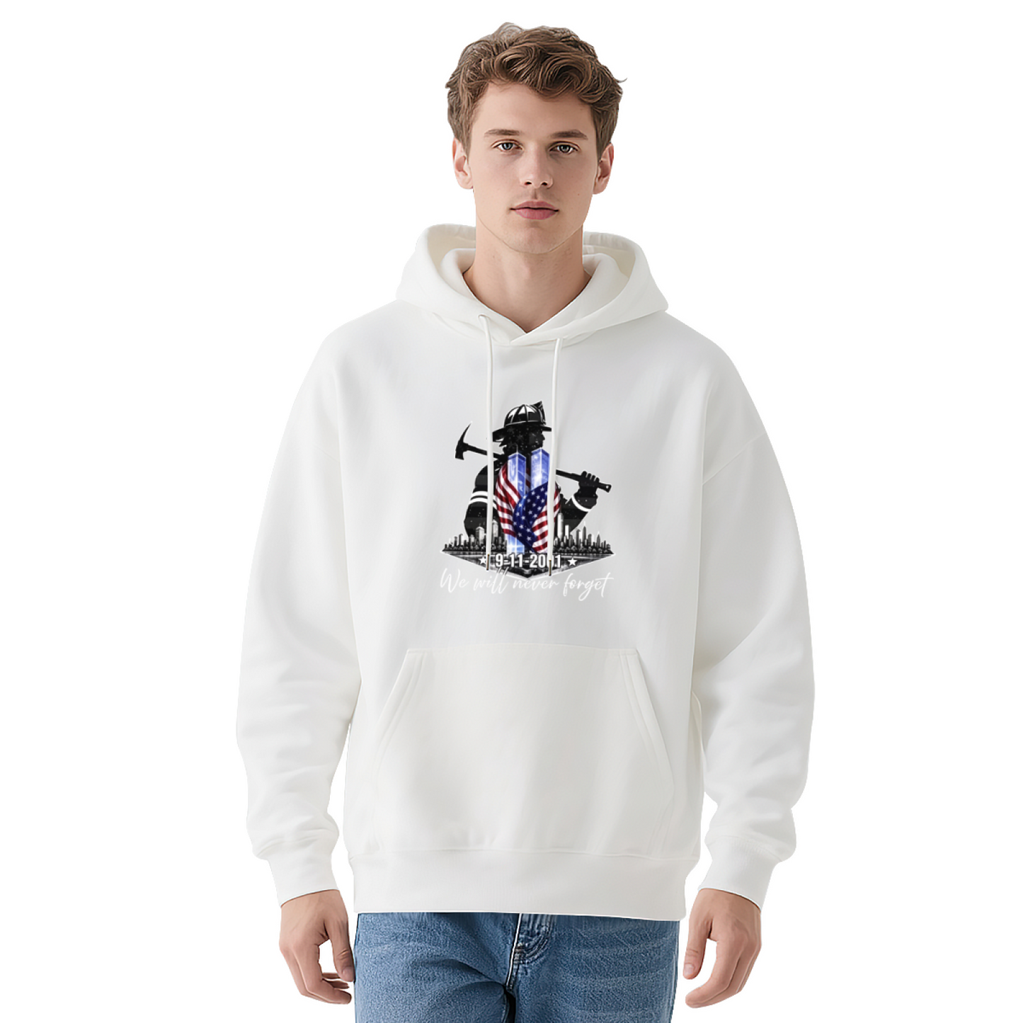 Firefighter Silhouette Axe & Flag 9/11 Memorial Hoodie