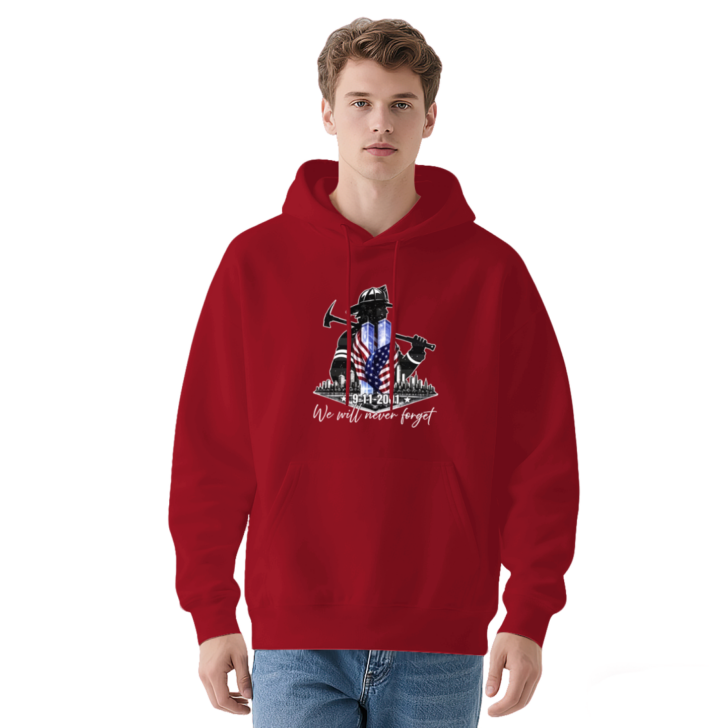 Firefighter Silhouette Axe & Flag 9/11 Memorial Hoodie