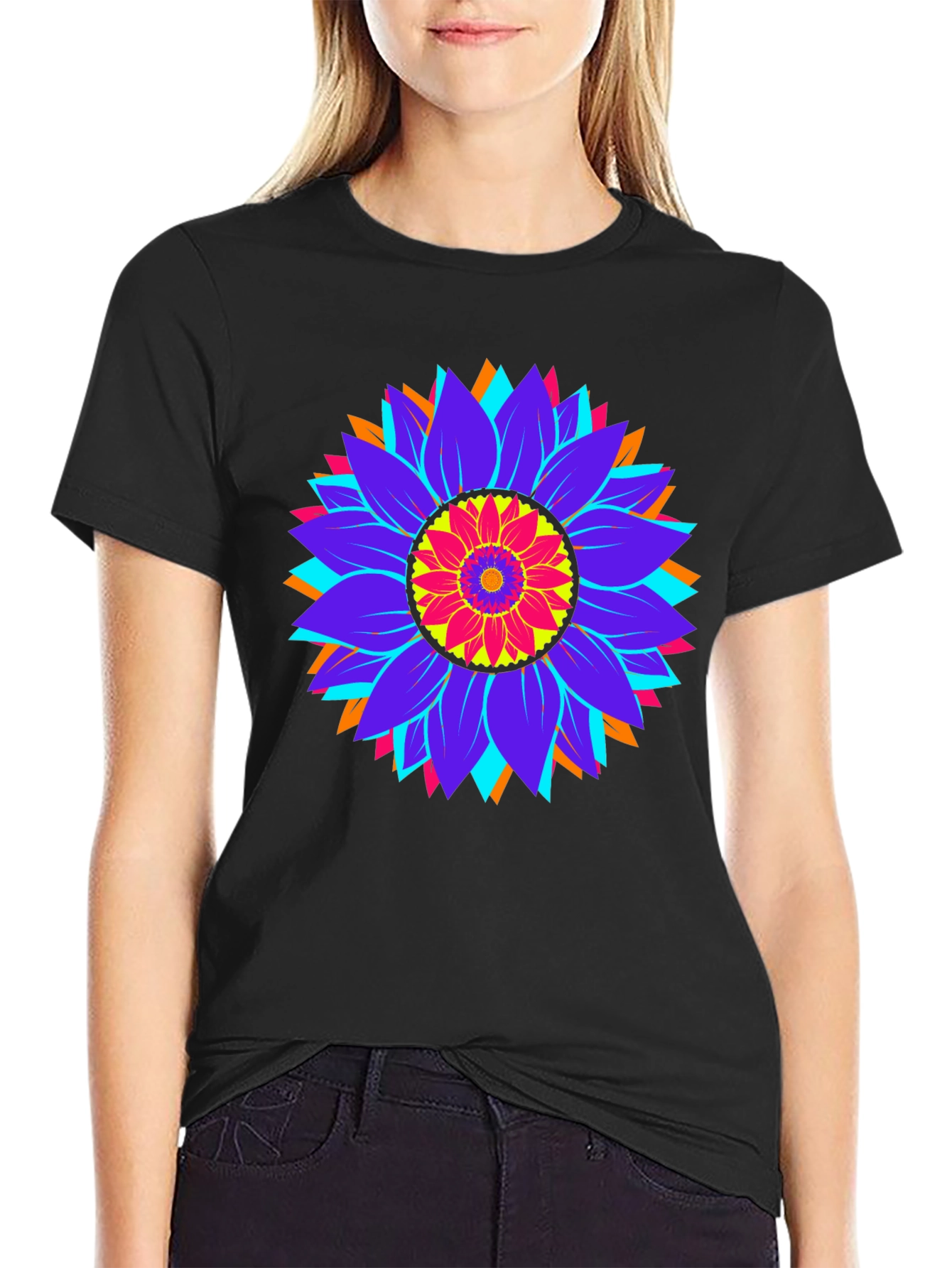 Psychedelic Sunflower Graphic Tee - Black