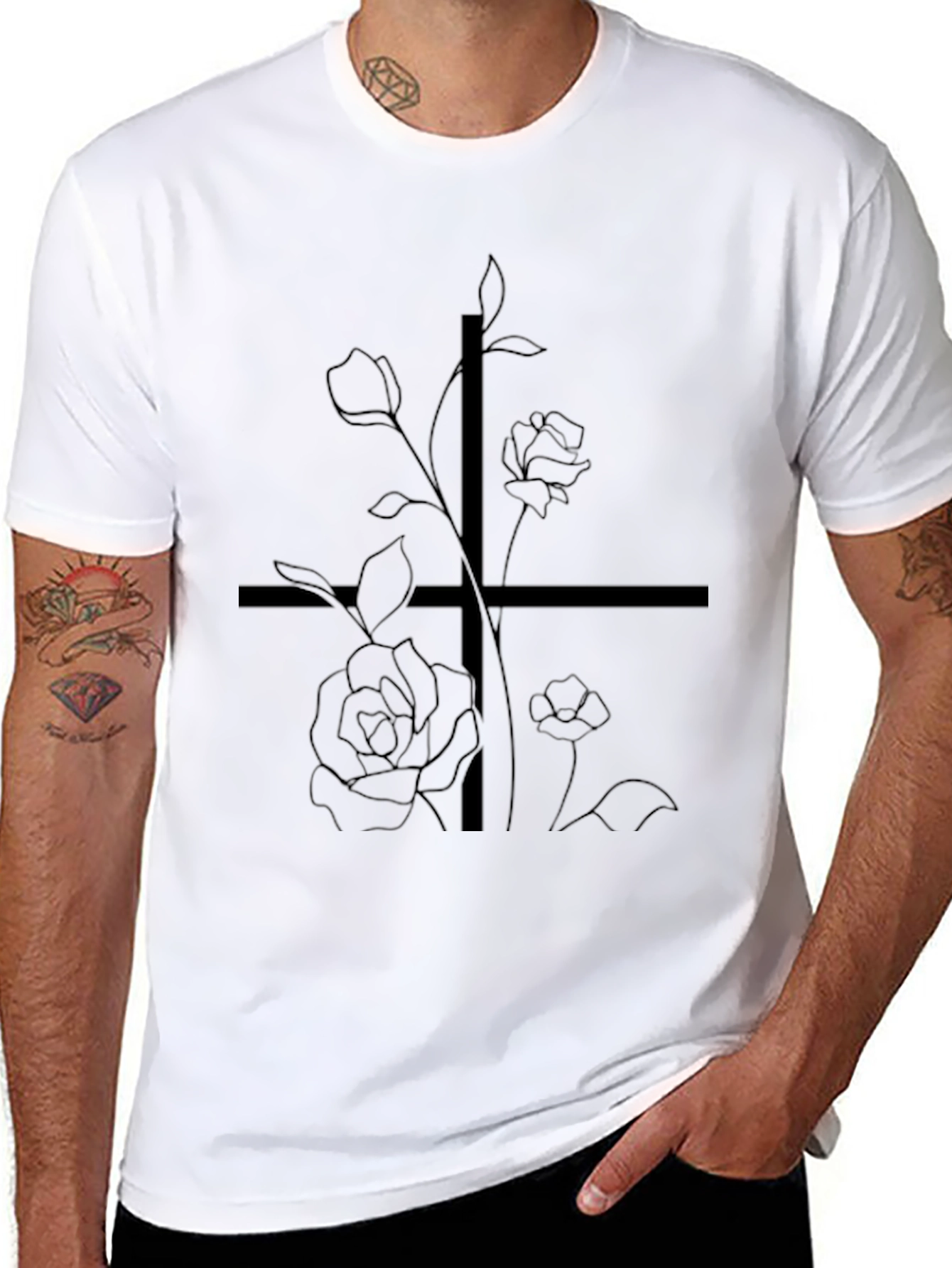 Black Floral Cross Graphic T-Shirt