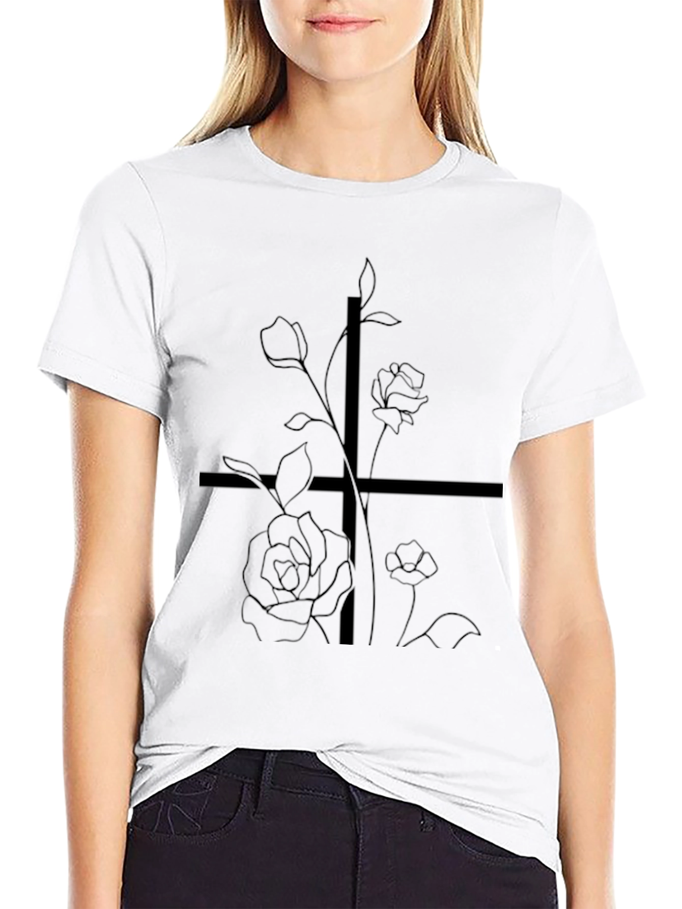 Black Floral Cross Graphic T-Shirt