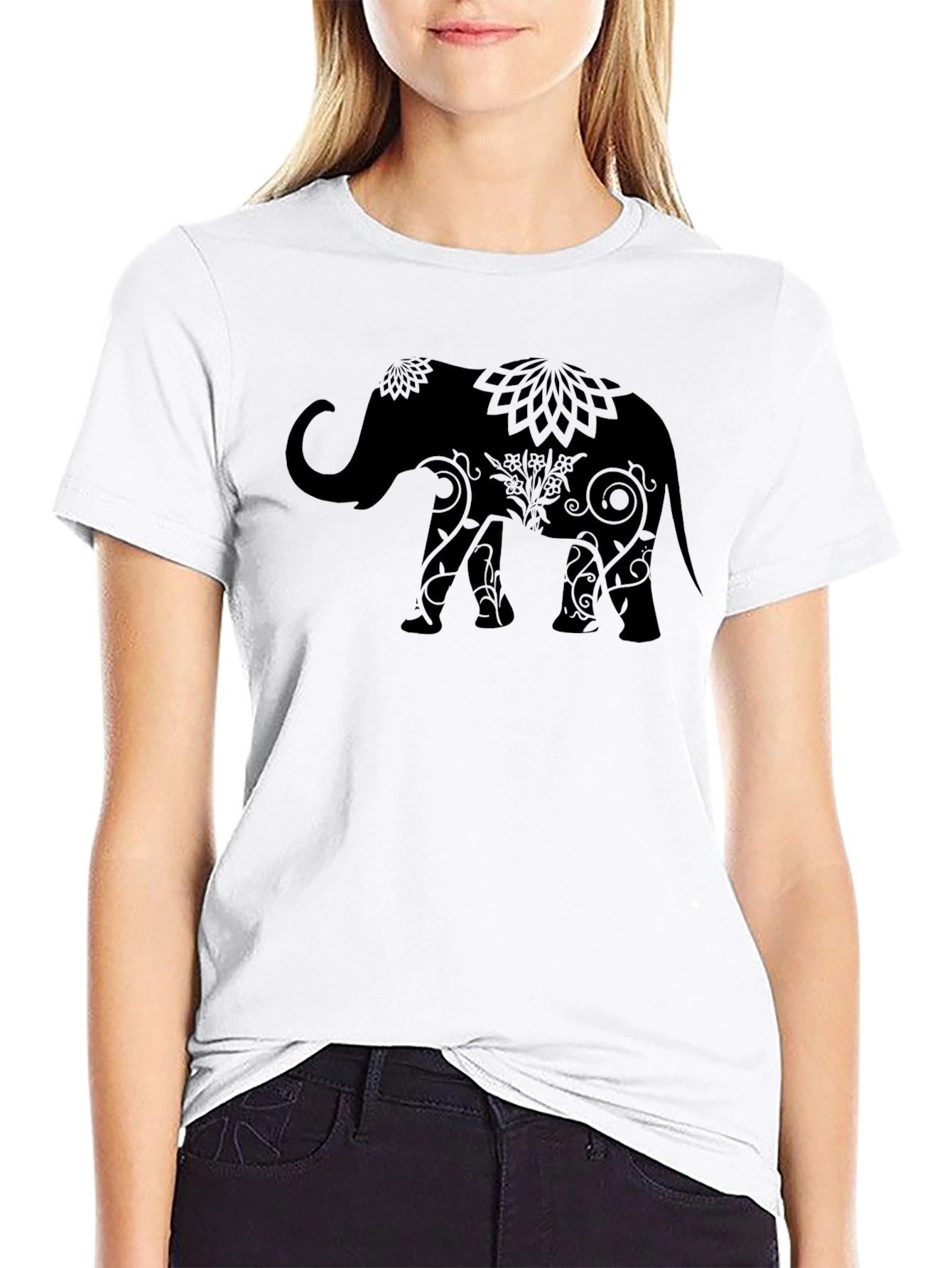 Elephant Mandala Graphic Print Crew Neck T-Shirt