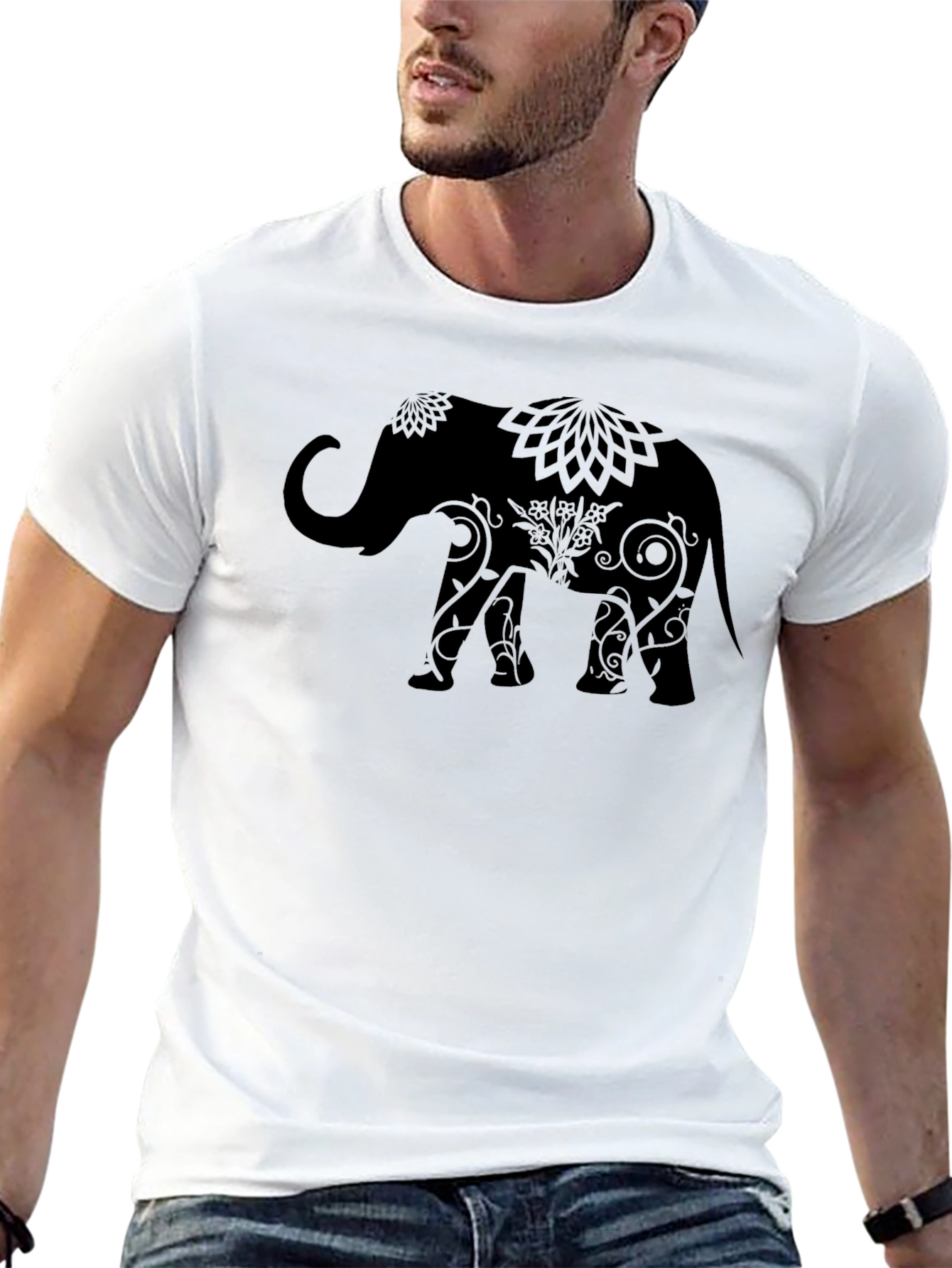 Elephant Mandala Graphic Print Crew Neck T-Shirt