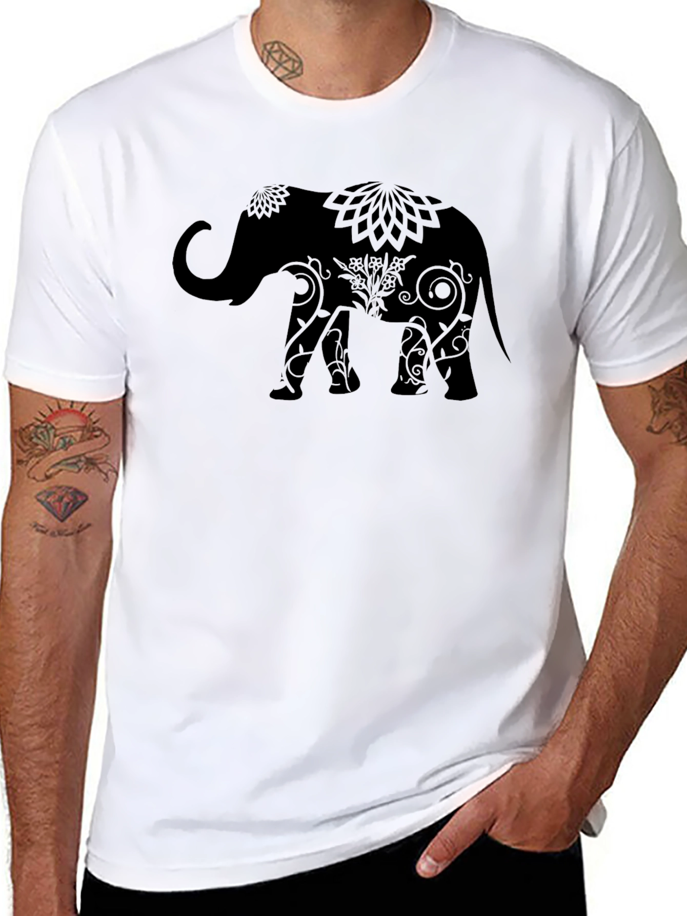 Elephant Mandala Graphic Print Crew Neck T-Shirt