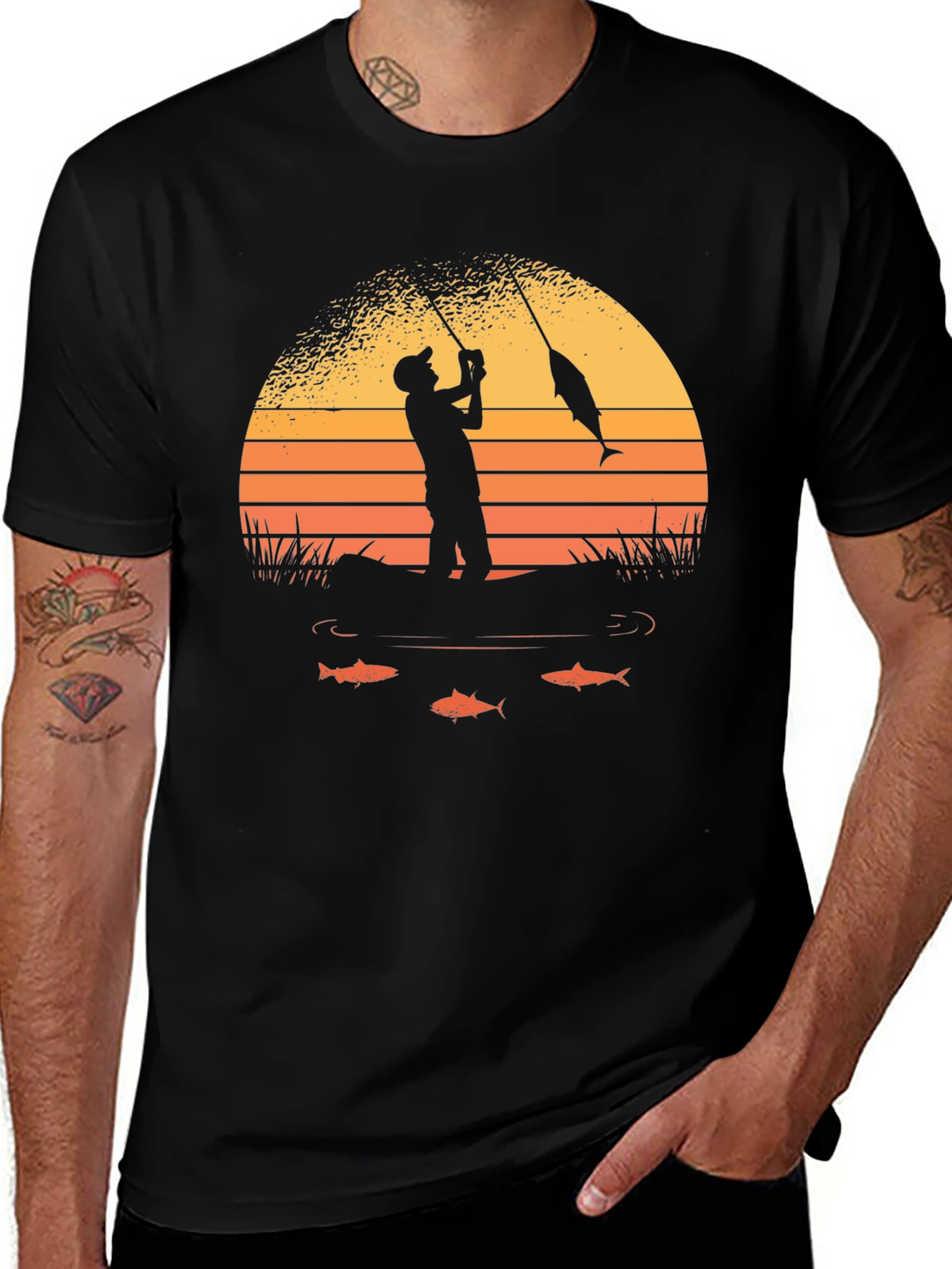 Fishing Sunset Graphic Tee - Black