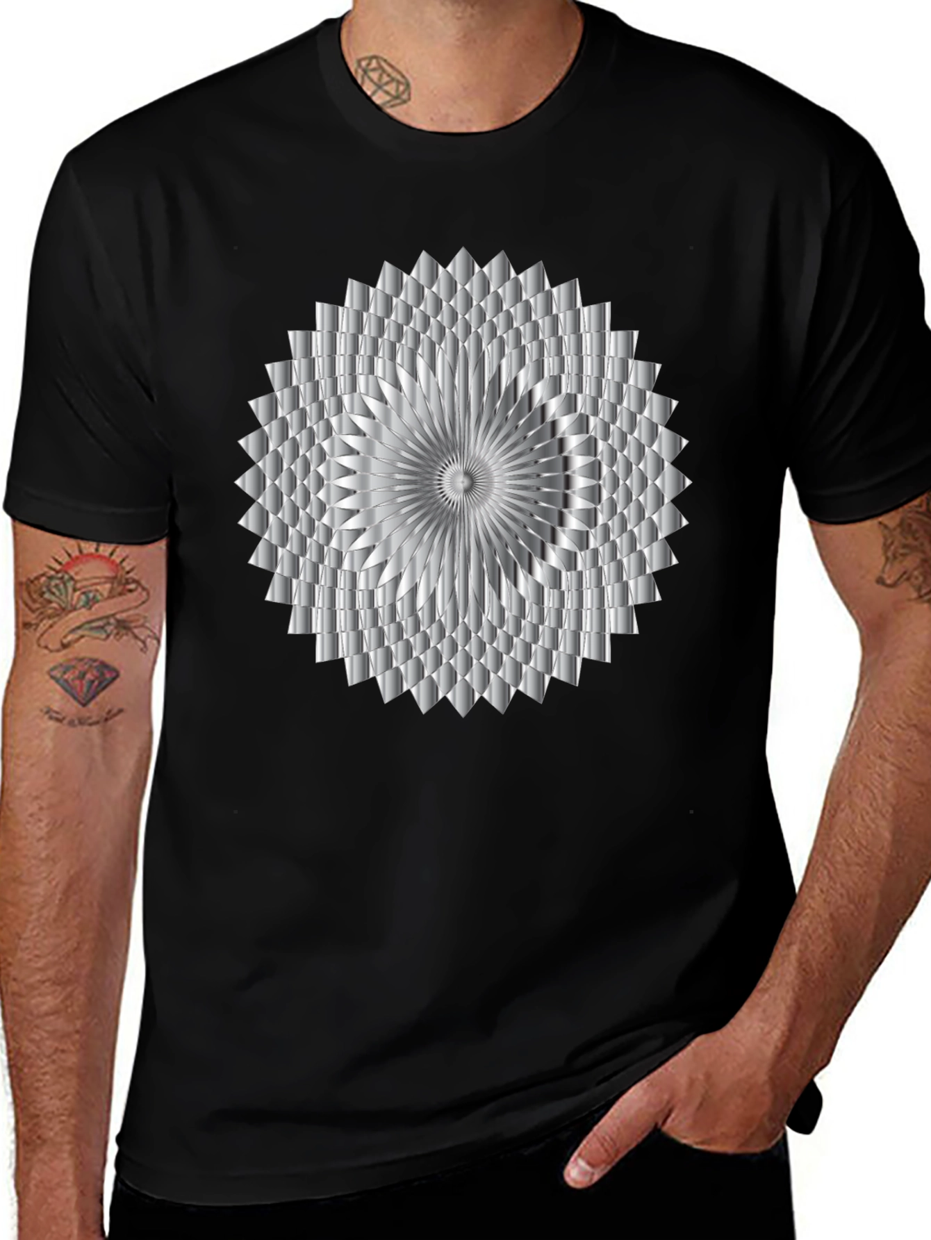 Abstract Geometric Silver Design Black T-Shirt
