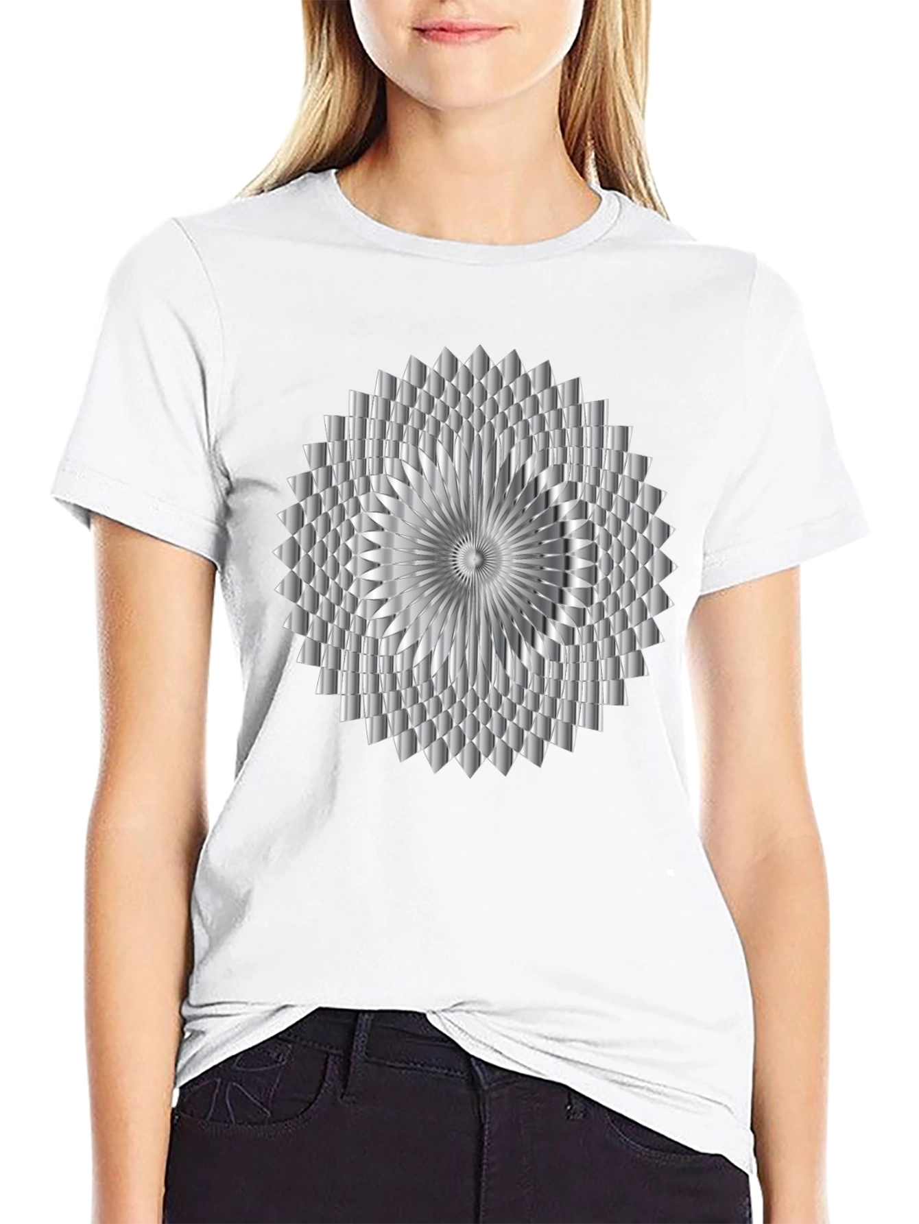 Abstract Geometric Silver Design Black T-Shirt