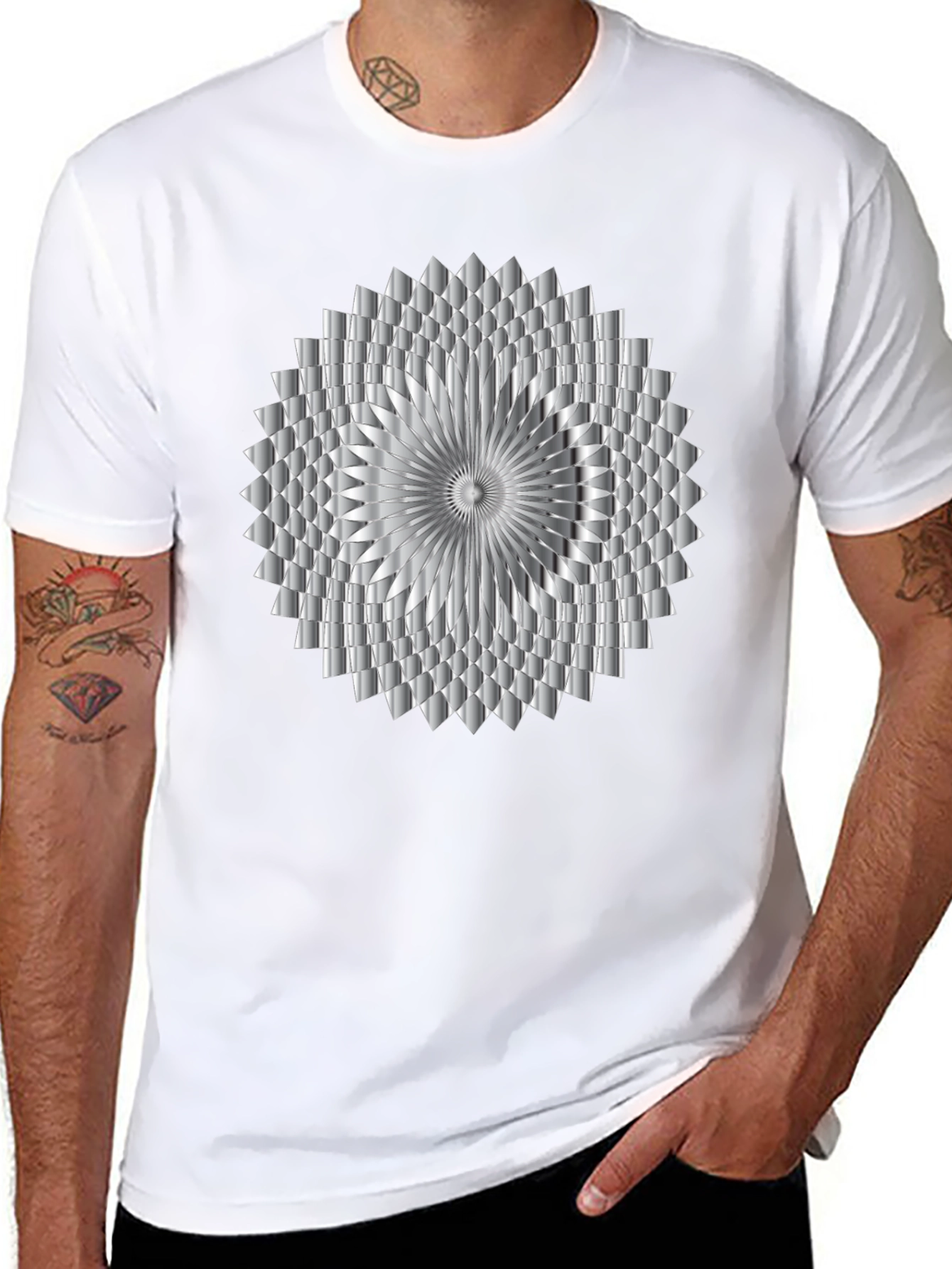 Abstract Geometric Silver Design Black T-Shirt