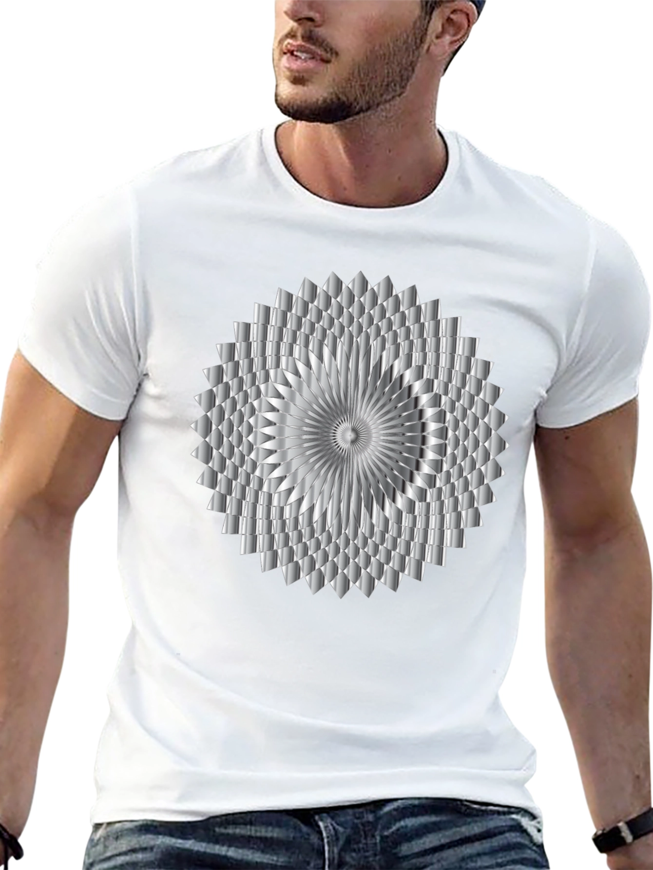 Abstract Geometric Silver Design Black T-Shirt