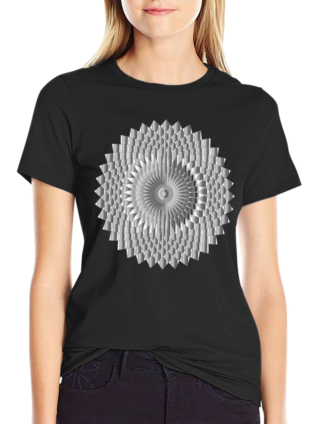 Abstract Geometric Silver Design Black T-Shirt