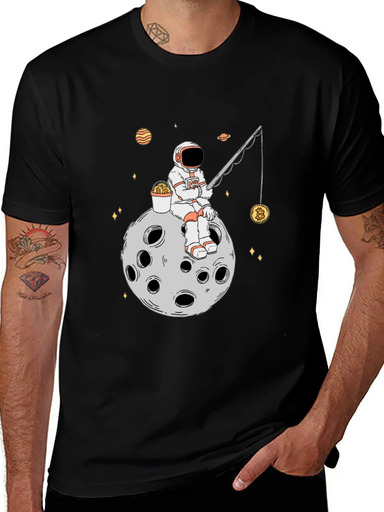 Astronaut Bitcoin Fishing Black T-Shirt