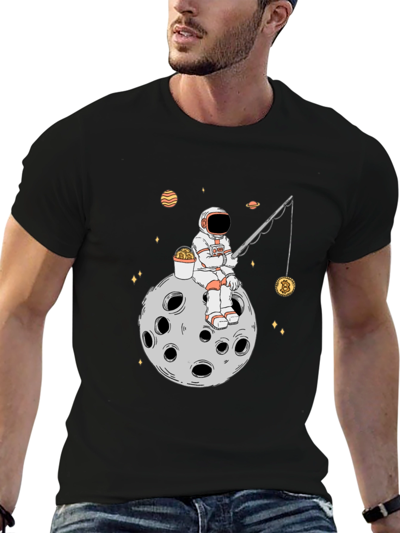 Astronaut Bitcoin Fishing Black T-Shirt