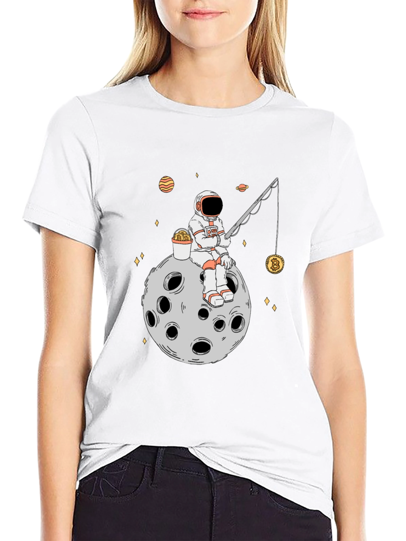 Astronaut Bitcoin Fishing Black T-Shirt