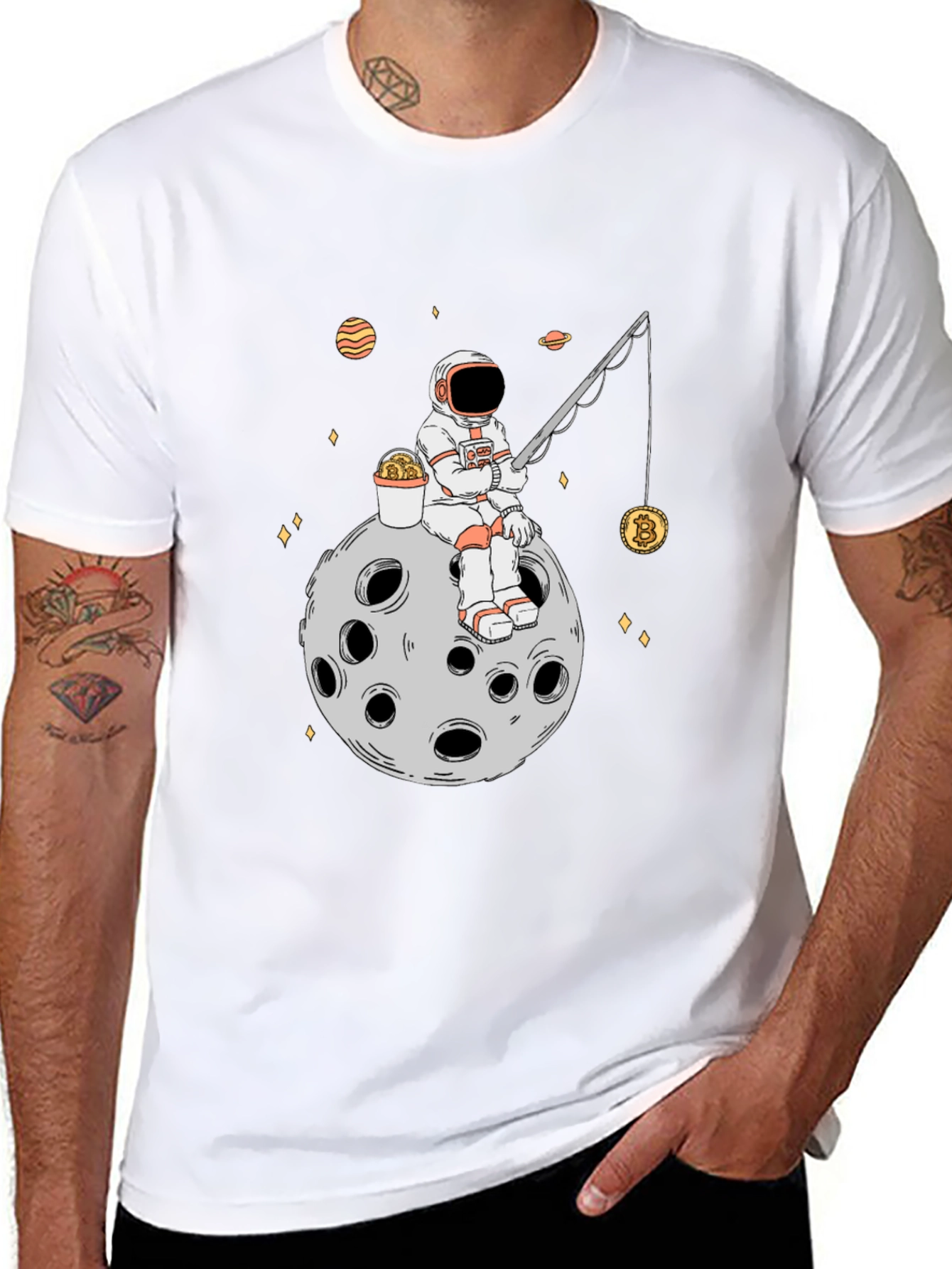 Astronaut Bitcoin Fishing Black T-Shirt