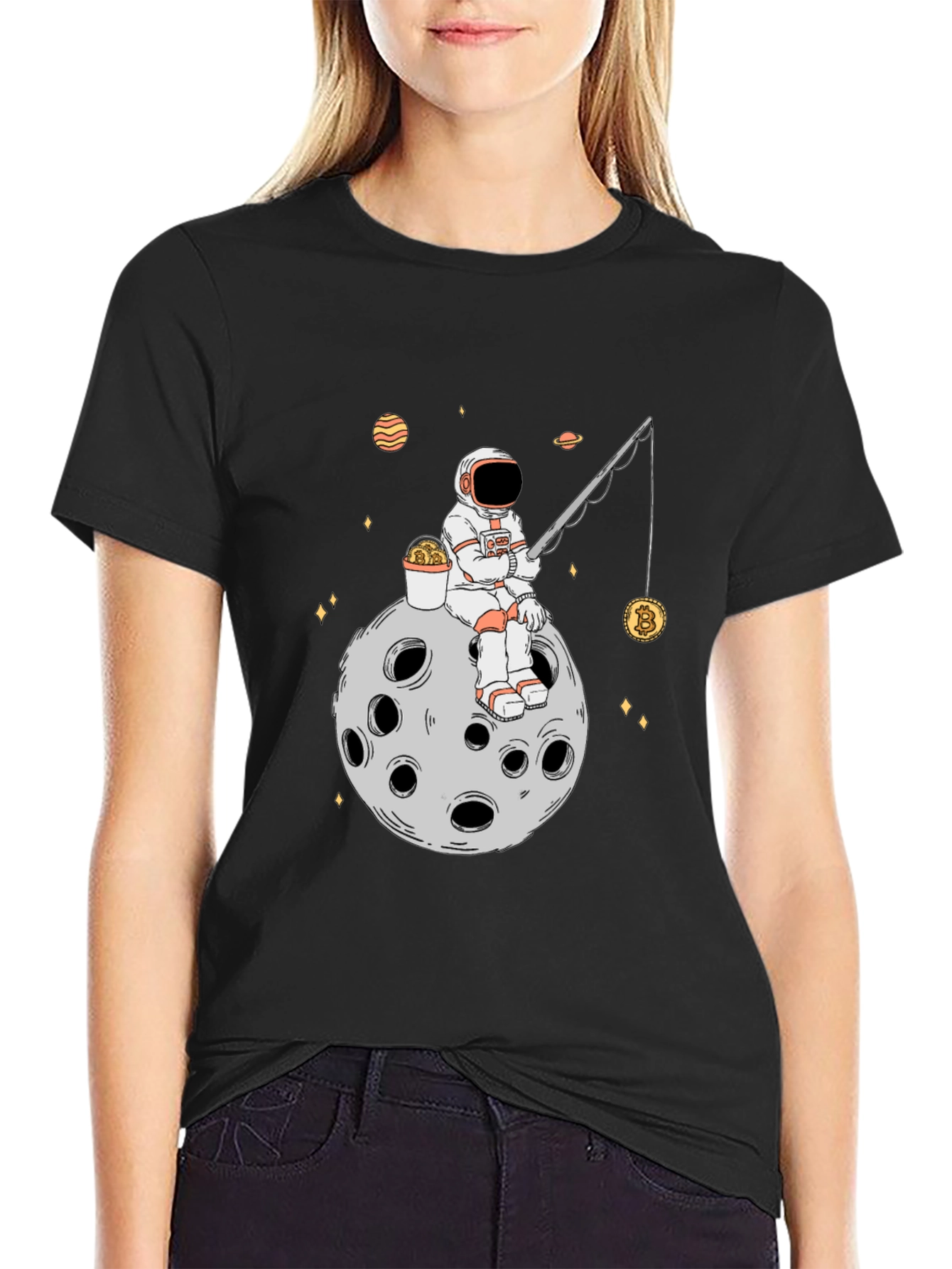 Astronaut Bitcoin Fishing Black T-Shirt