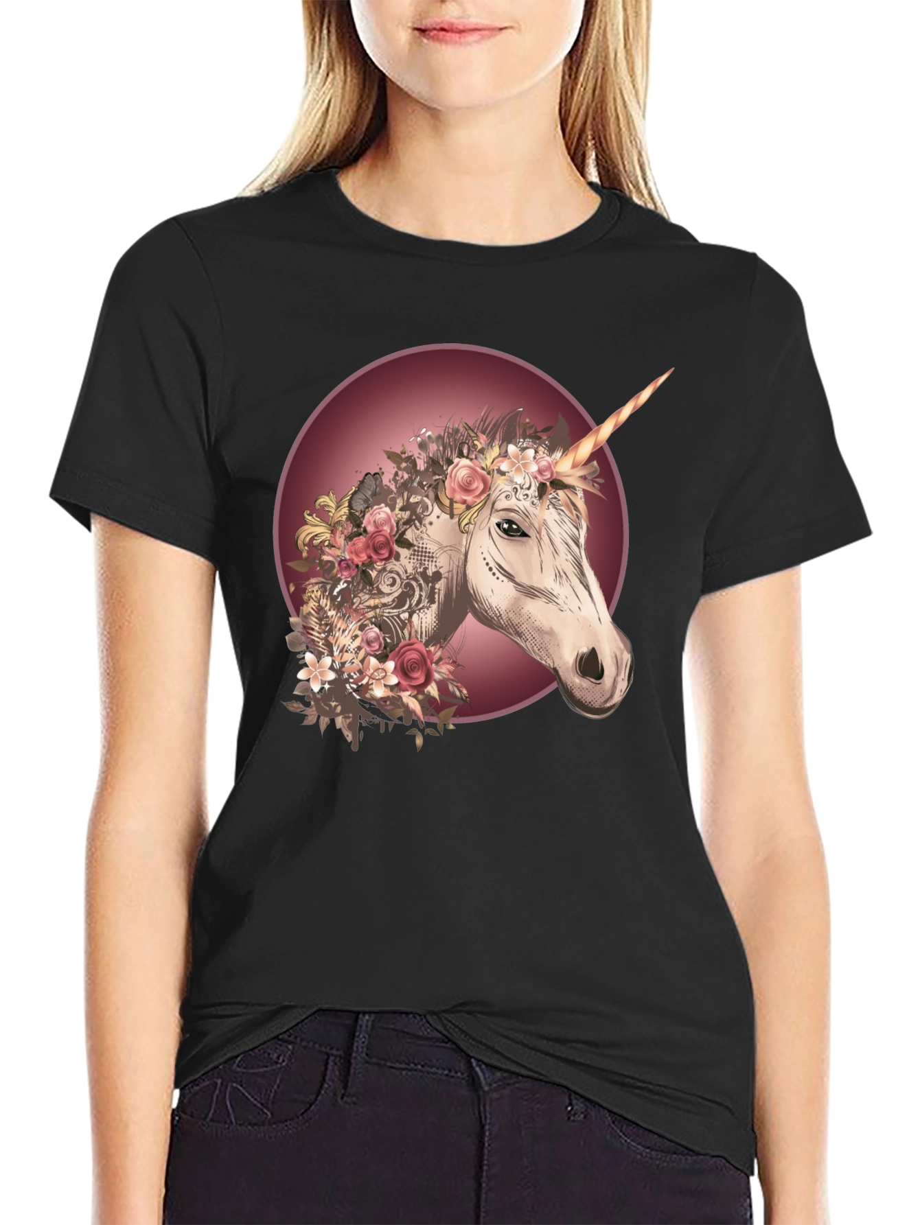 Unicorn Floral Graphic Black T-Shirt