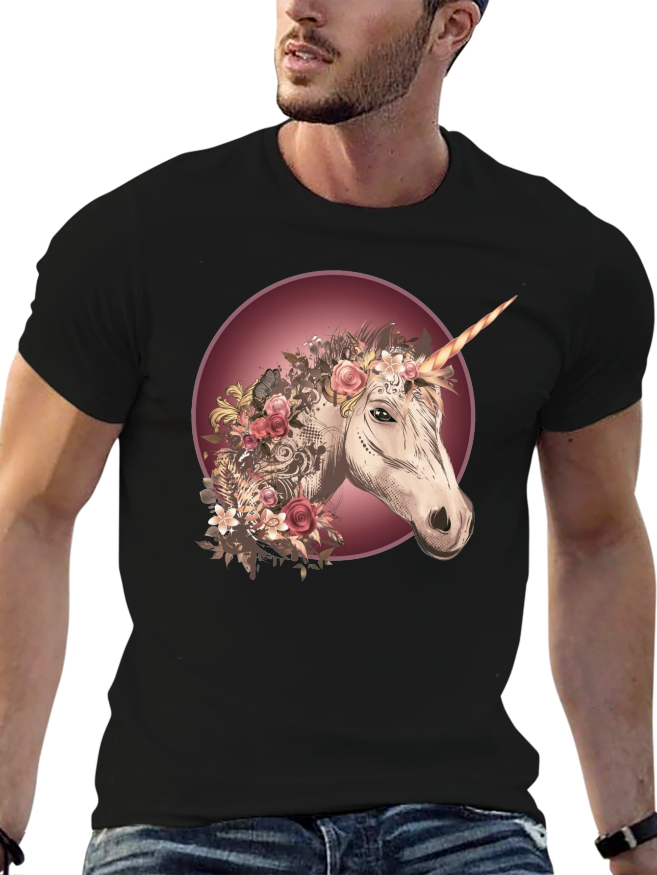 Unicorn Floral Graphic Black T-Shirt