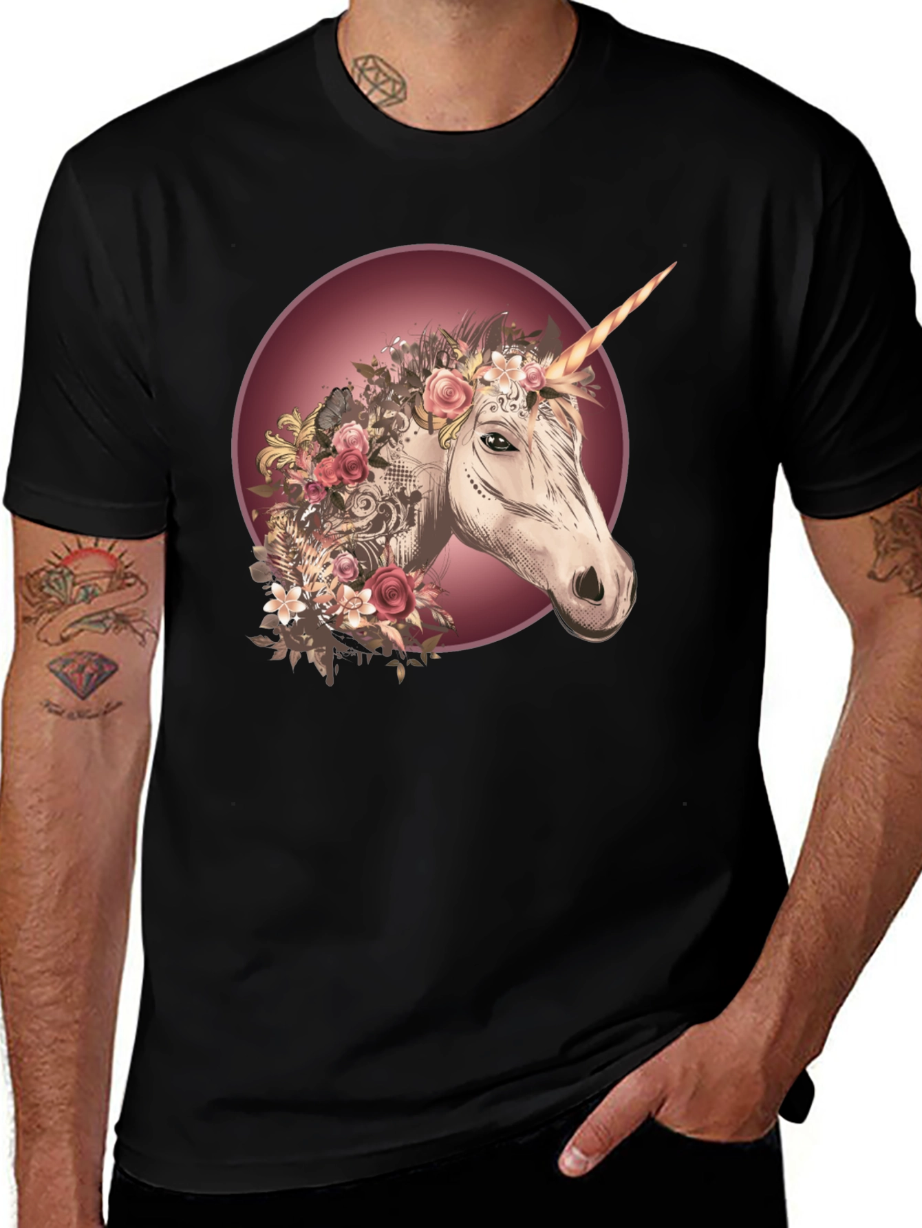 Unicorn Floral Graphic Black T-Shirt