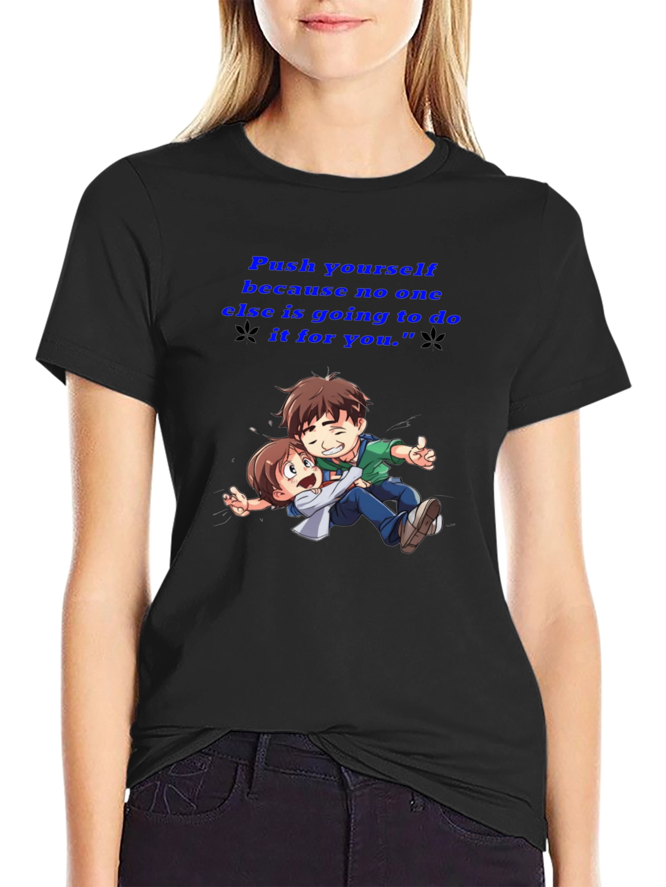 Motivational Black T-Shirt: Push Yourself Anime Design