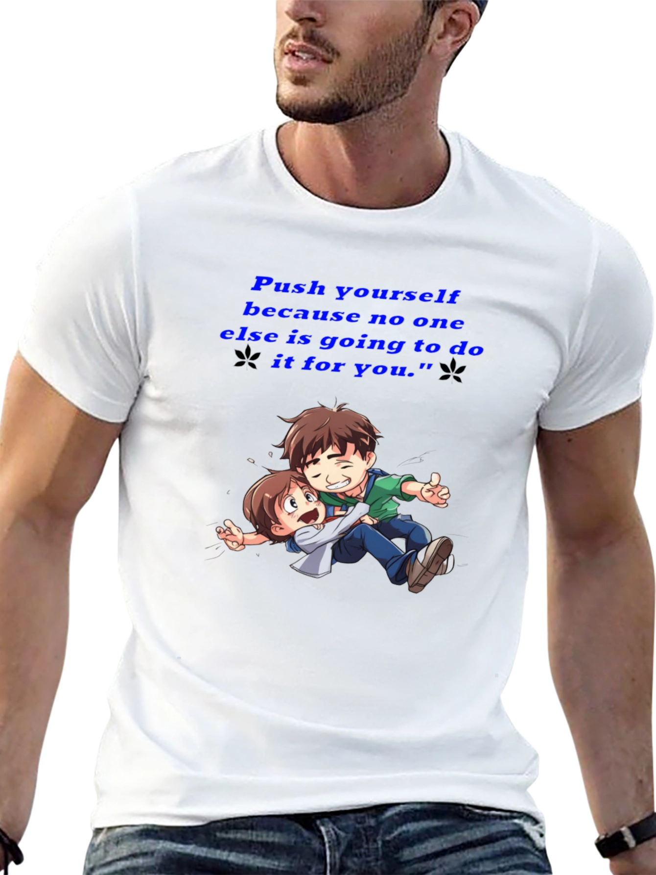 Motivational Black T-Shirt: Push Yourself Anime Design