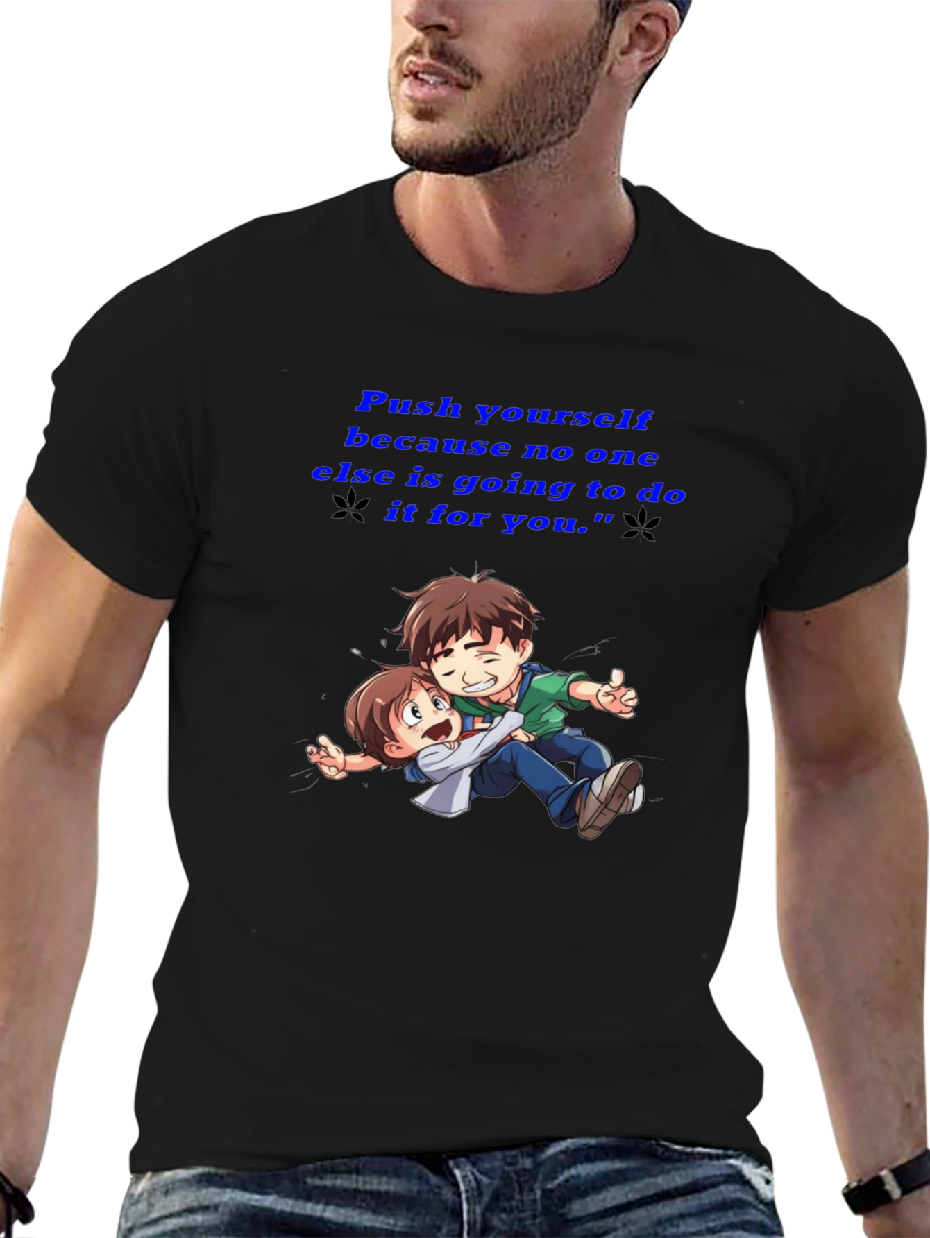 Motivational Black T-Shirt: Push Yourself Anime Design