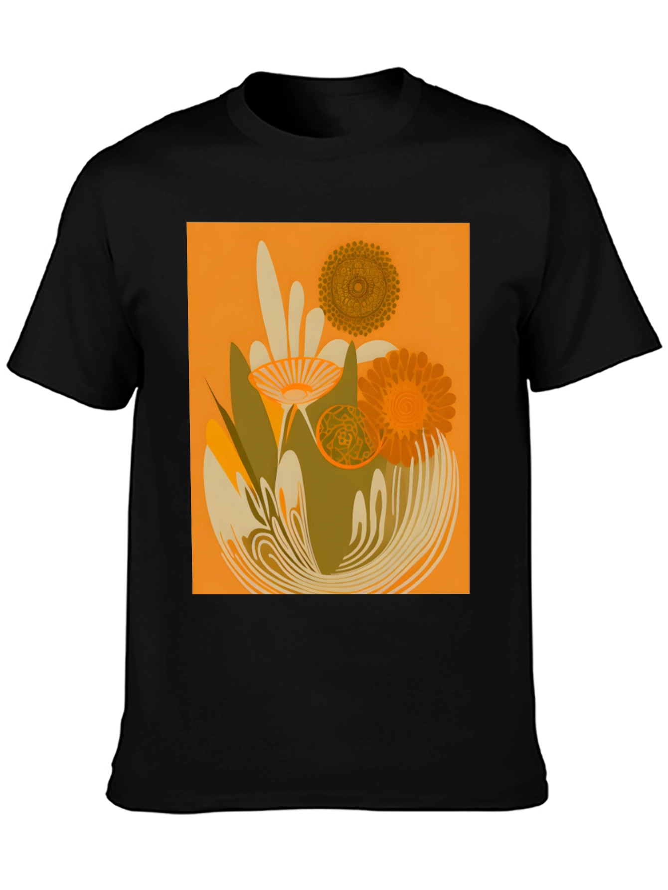 Retro Floral Graphic Tee - Black Cotton T-Shirt