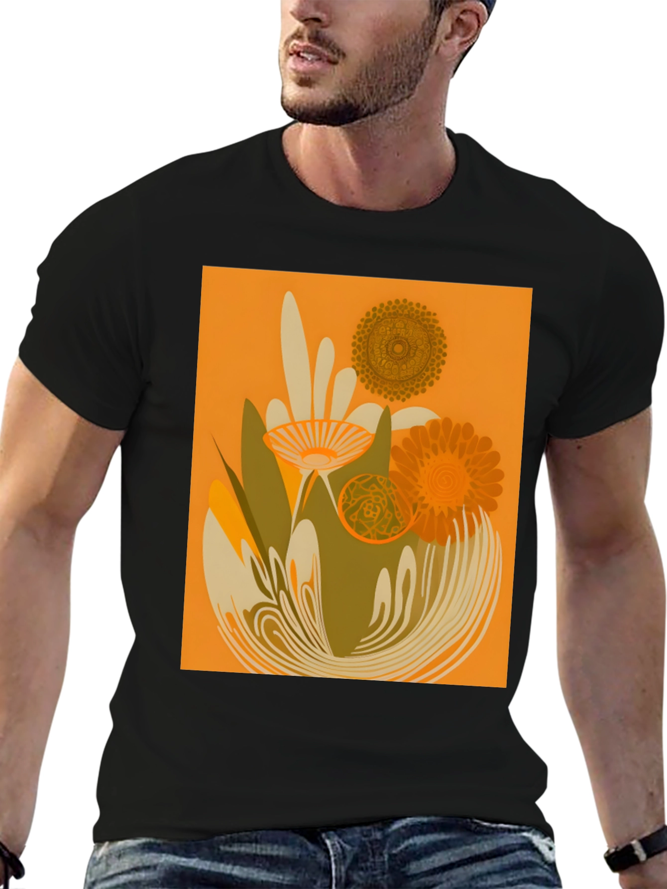 Retro Floral Graphic Tee - Black Cotton T-Shirt