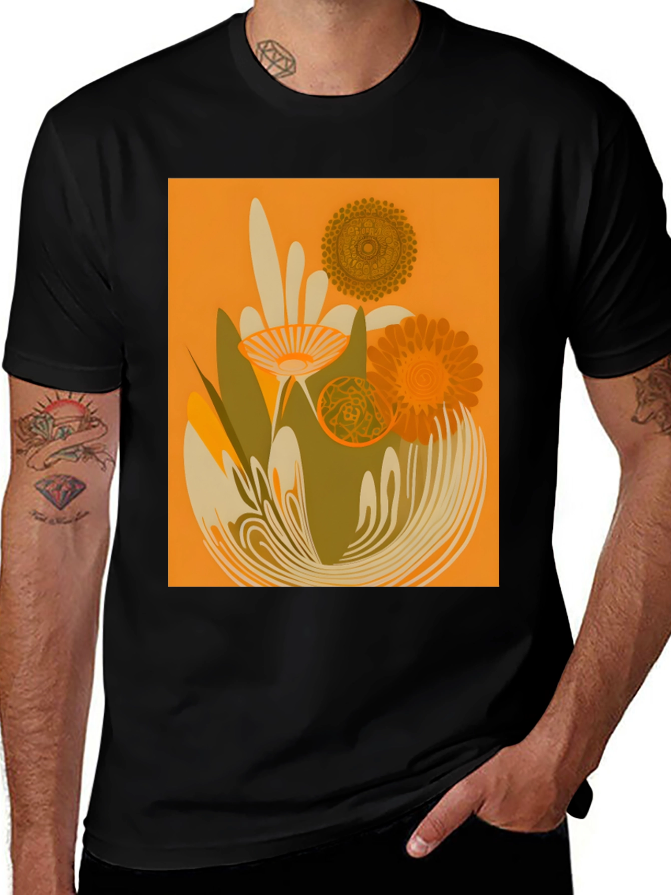 Retro Floral Graphic Tee - Black Cotton T-Shirt