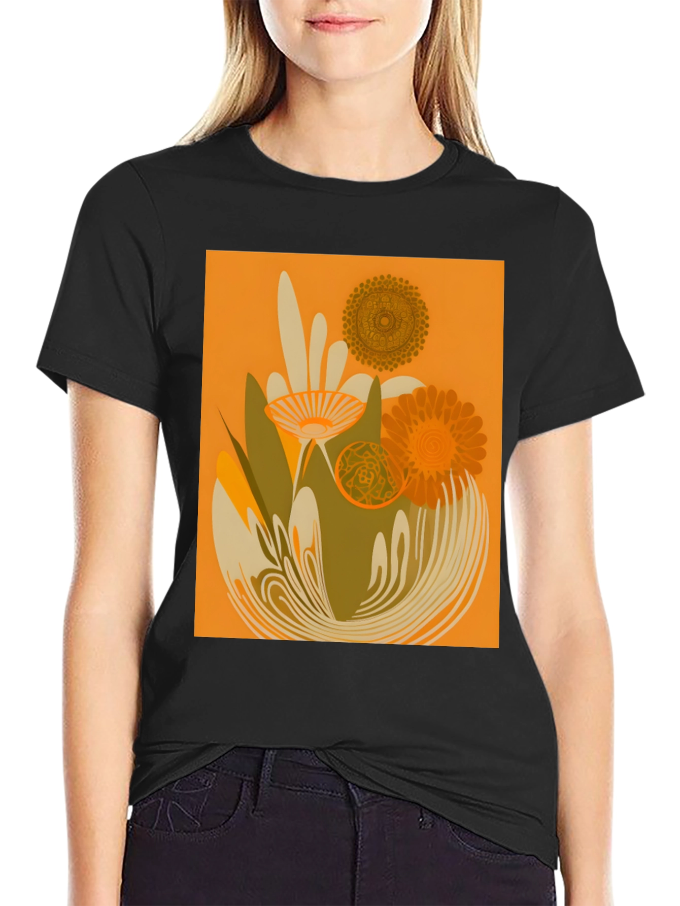 Retro Floral Graphic Tee - Black Cotton T-Shirt