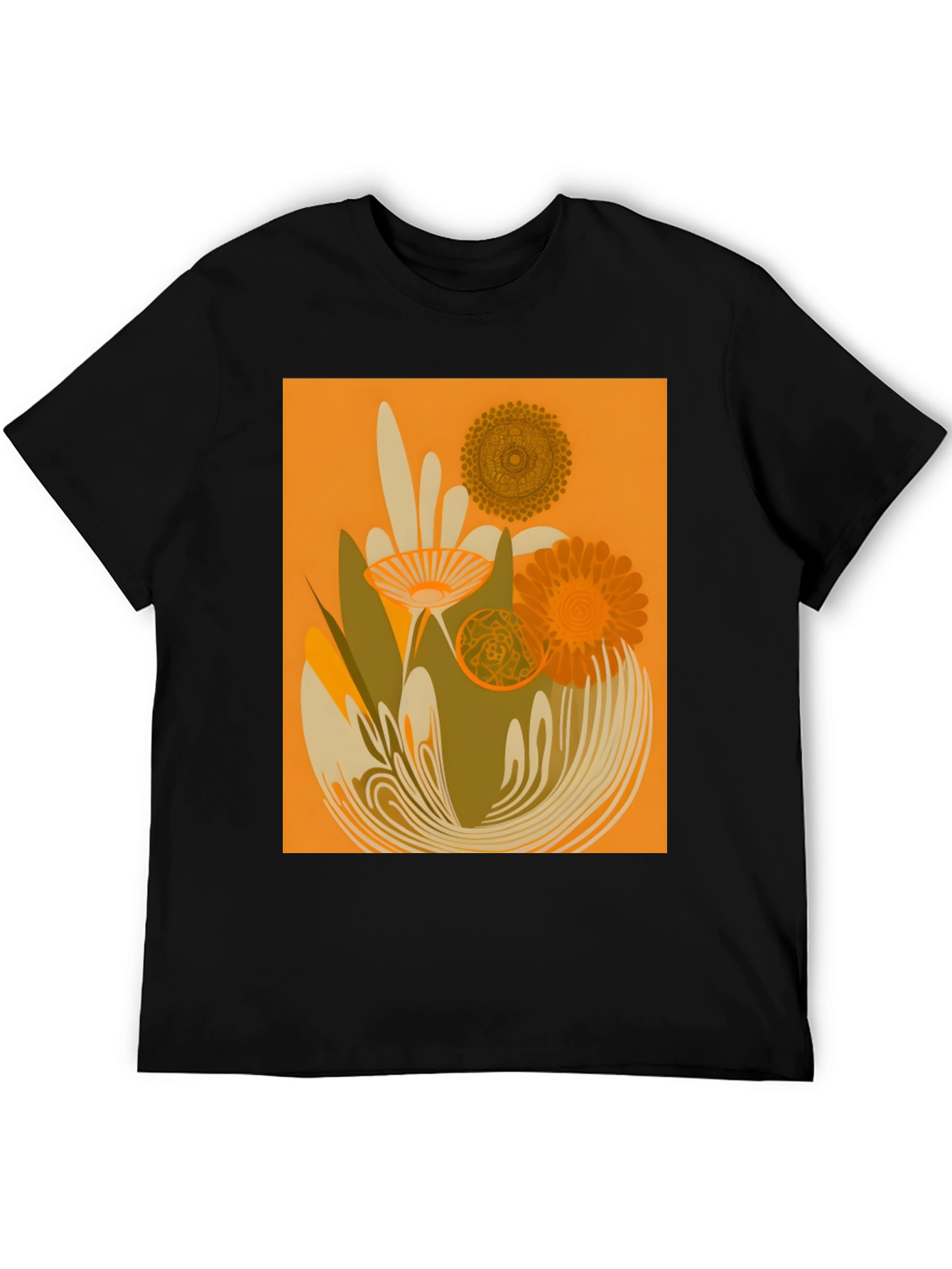 Retro Floral Graphic Tee - Black Cotton T-Shirt