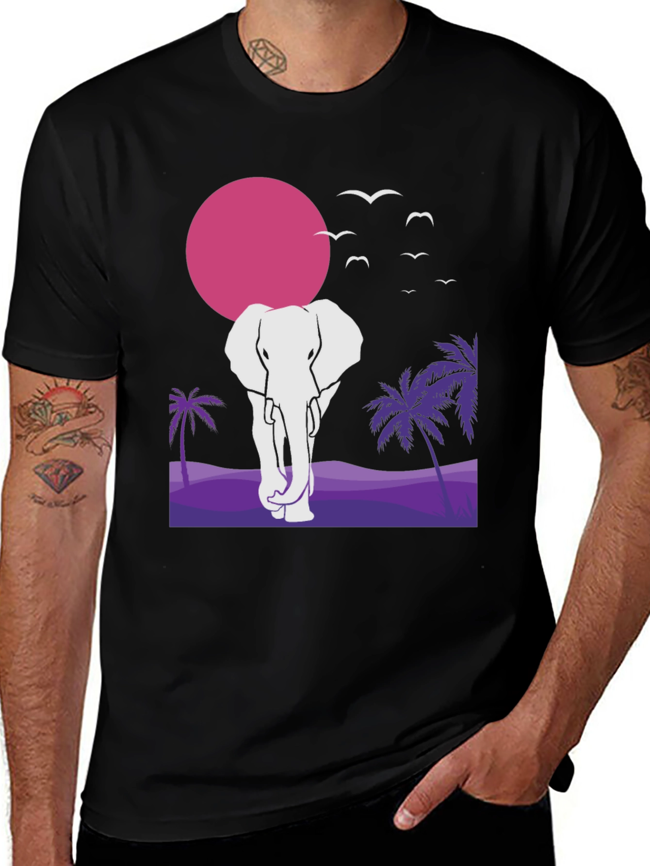 Elephant Sunset Graphic T-Shirt - Unisex Black Tee