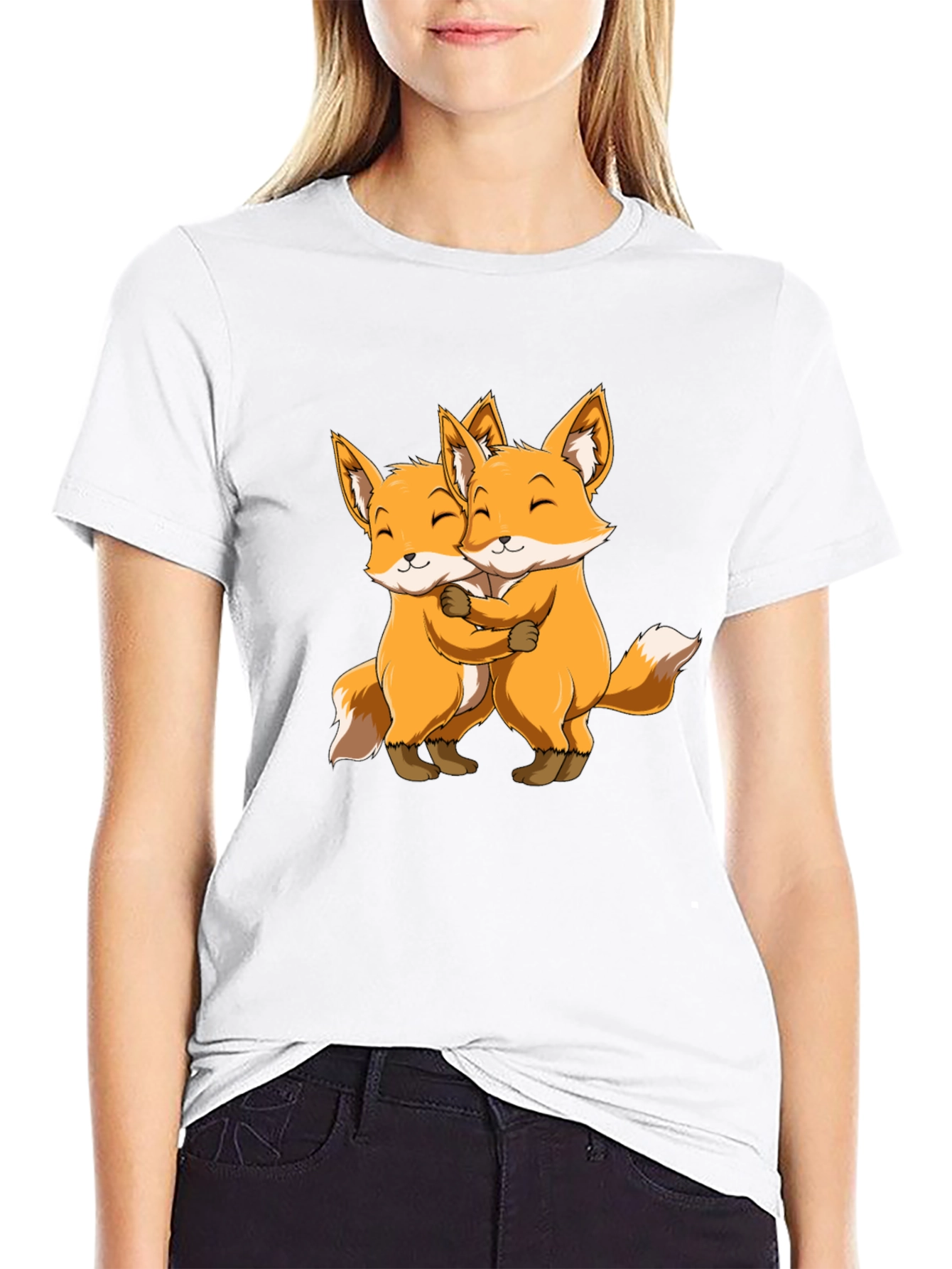 Cute Foxes Hug Black T-Shirt