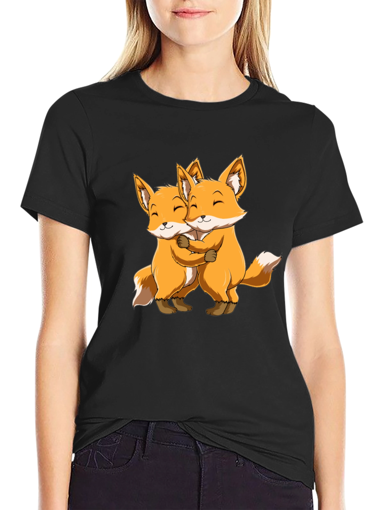 Cute Foxes Hug Black T-Shirt