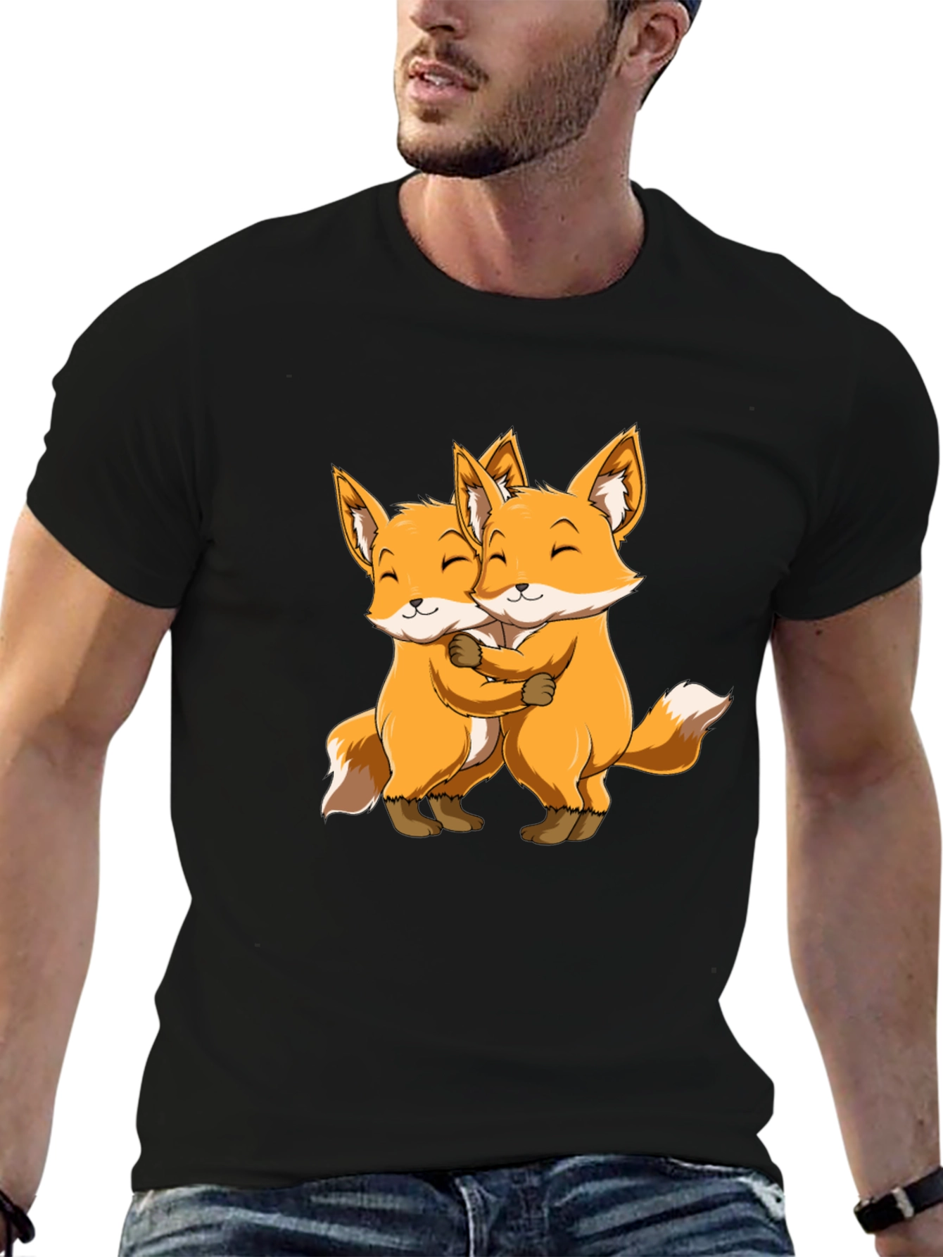 Cute Foxes Hug Black T-Shirt
