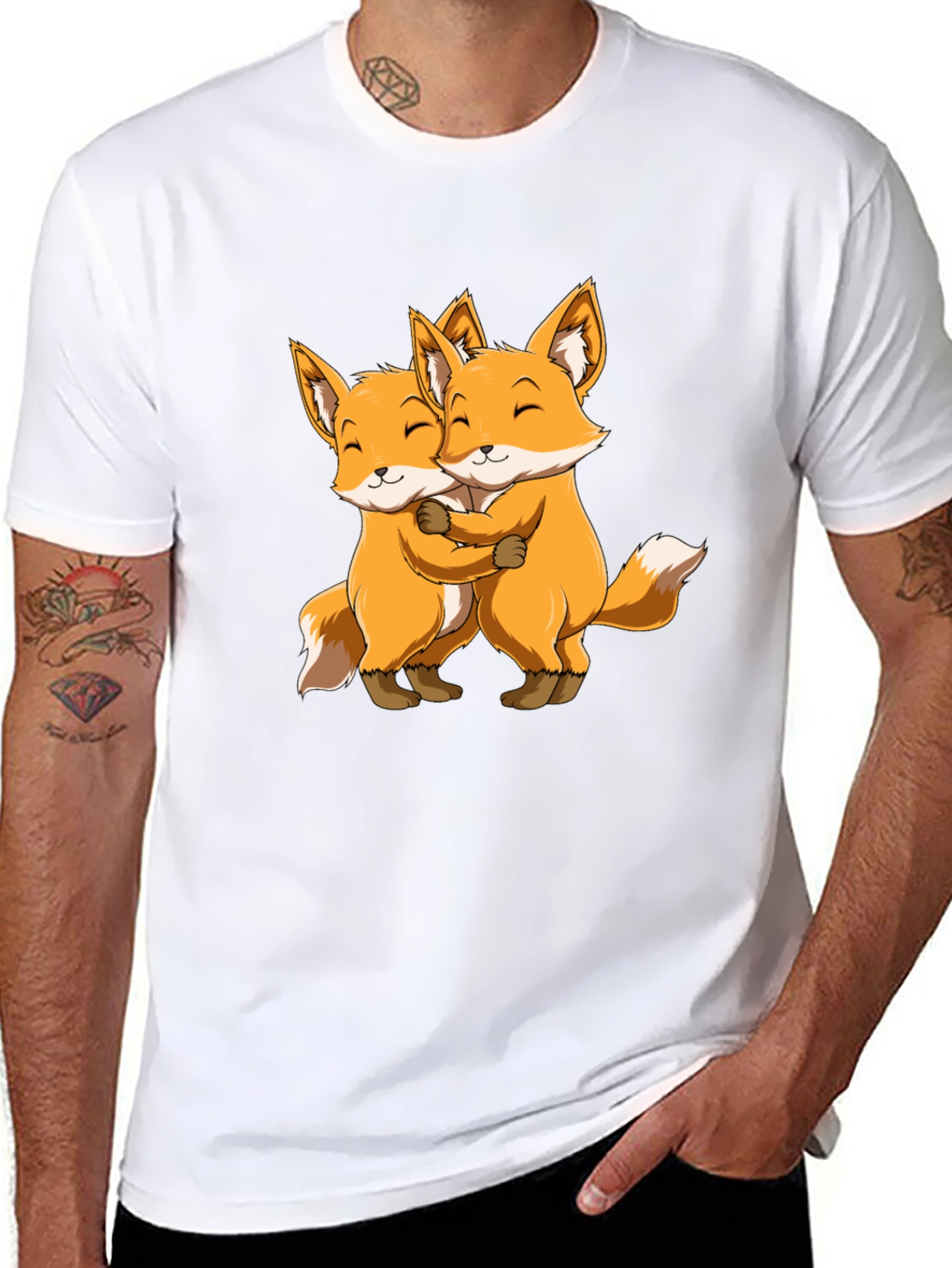 Cute Foxes Hug Black T-Shirt
