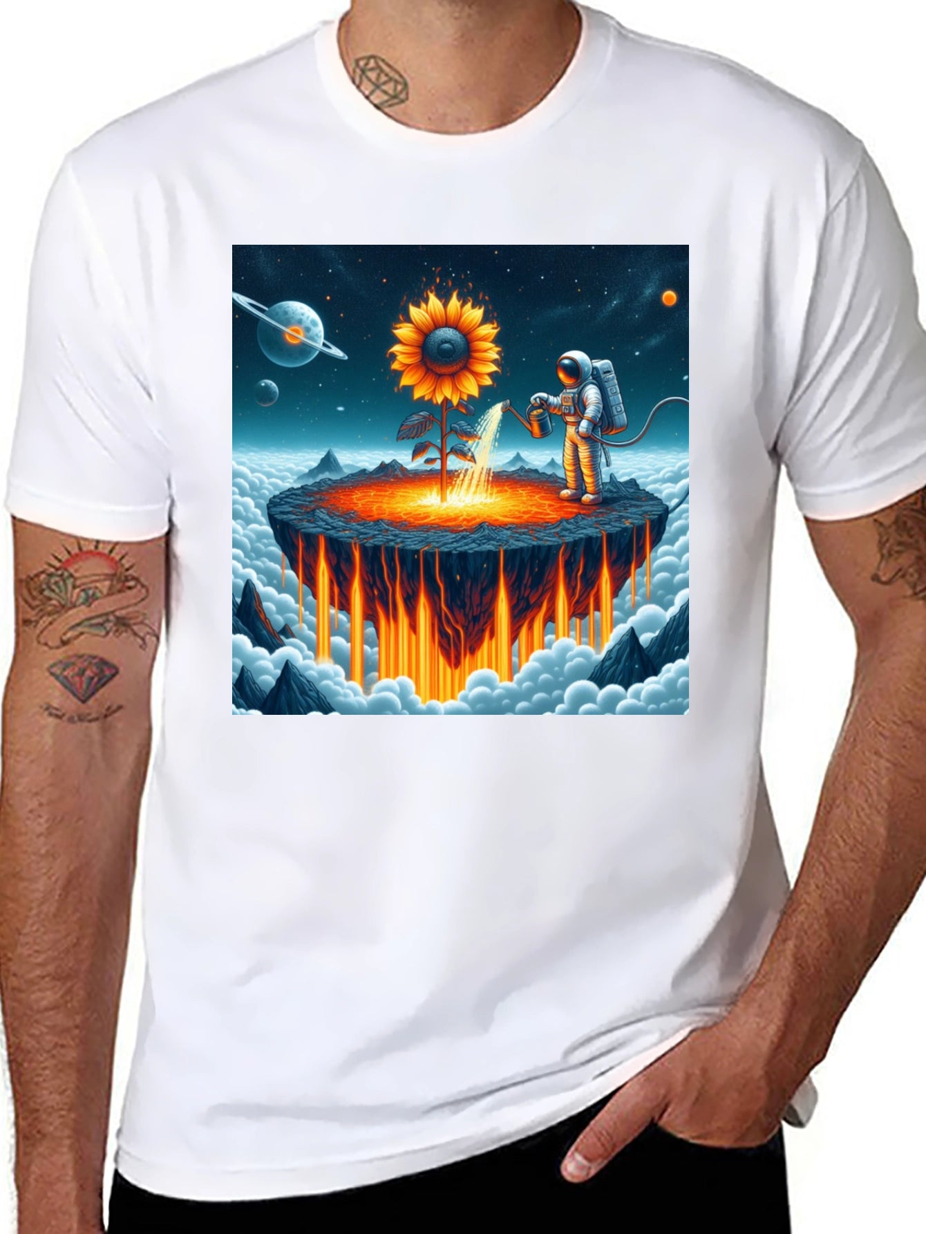 Astronaut Sunflower Graphic T-Shirt - Space Gardener Tee