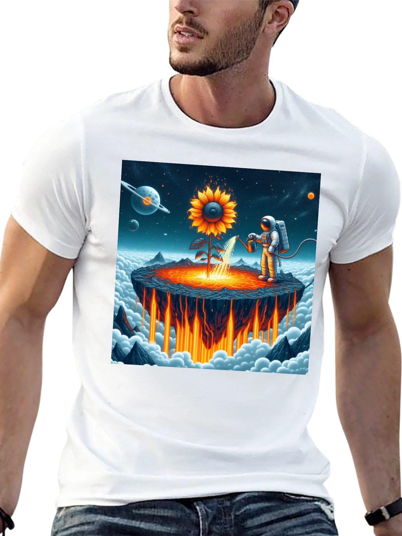Astronaut Sunflower Graphic T-Shirt - Space Gardener Tee